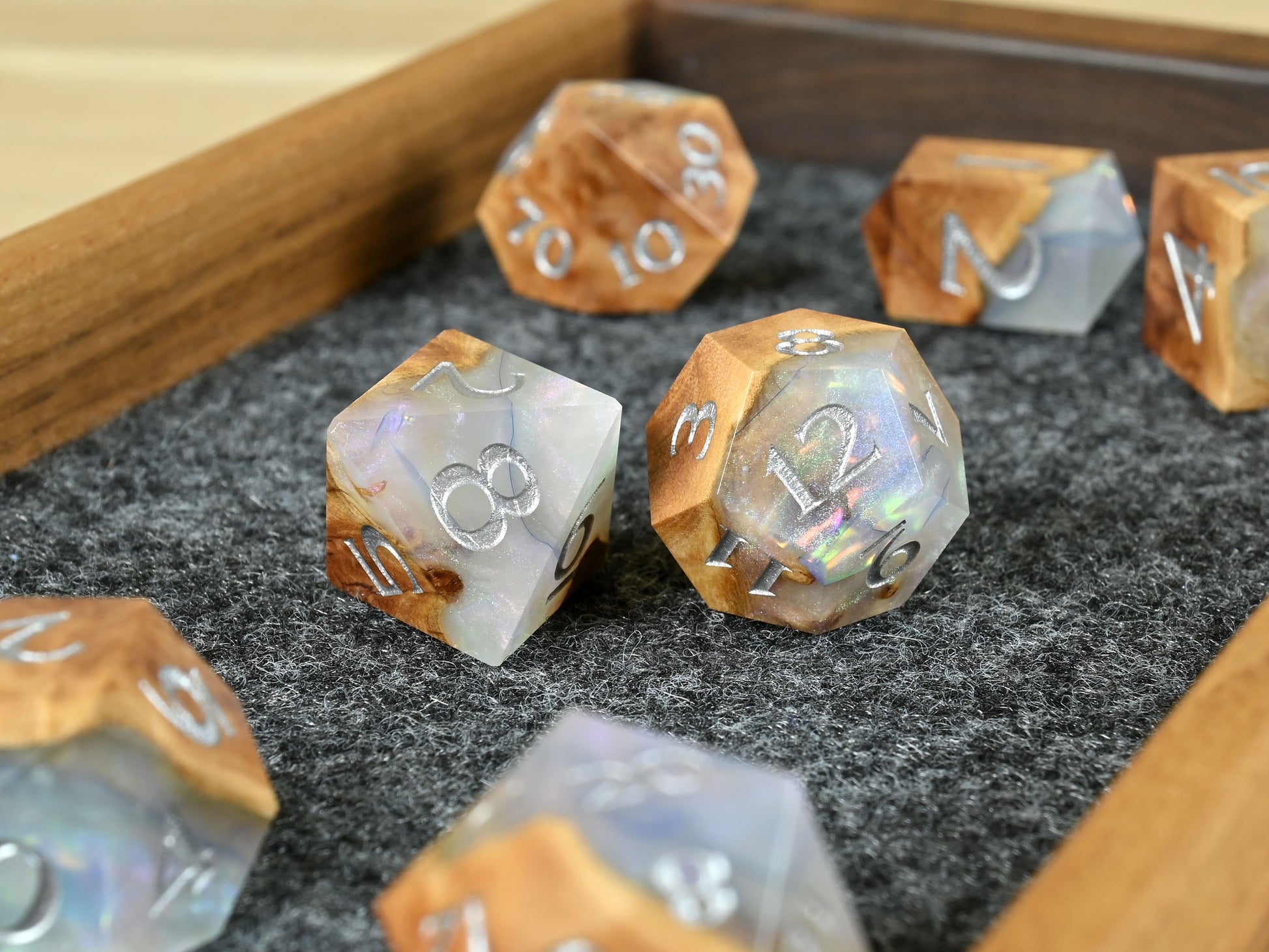 Crystal of the weave wood and resin dice set for dnd ttrpg