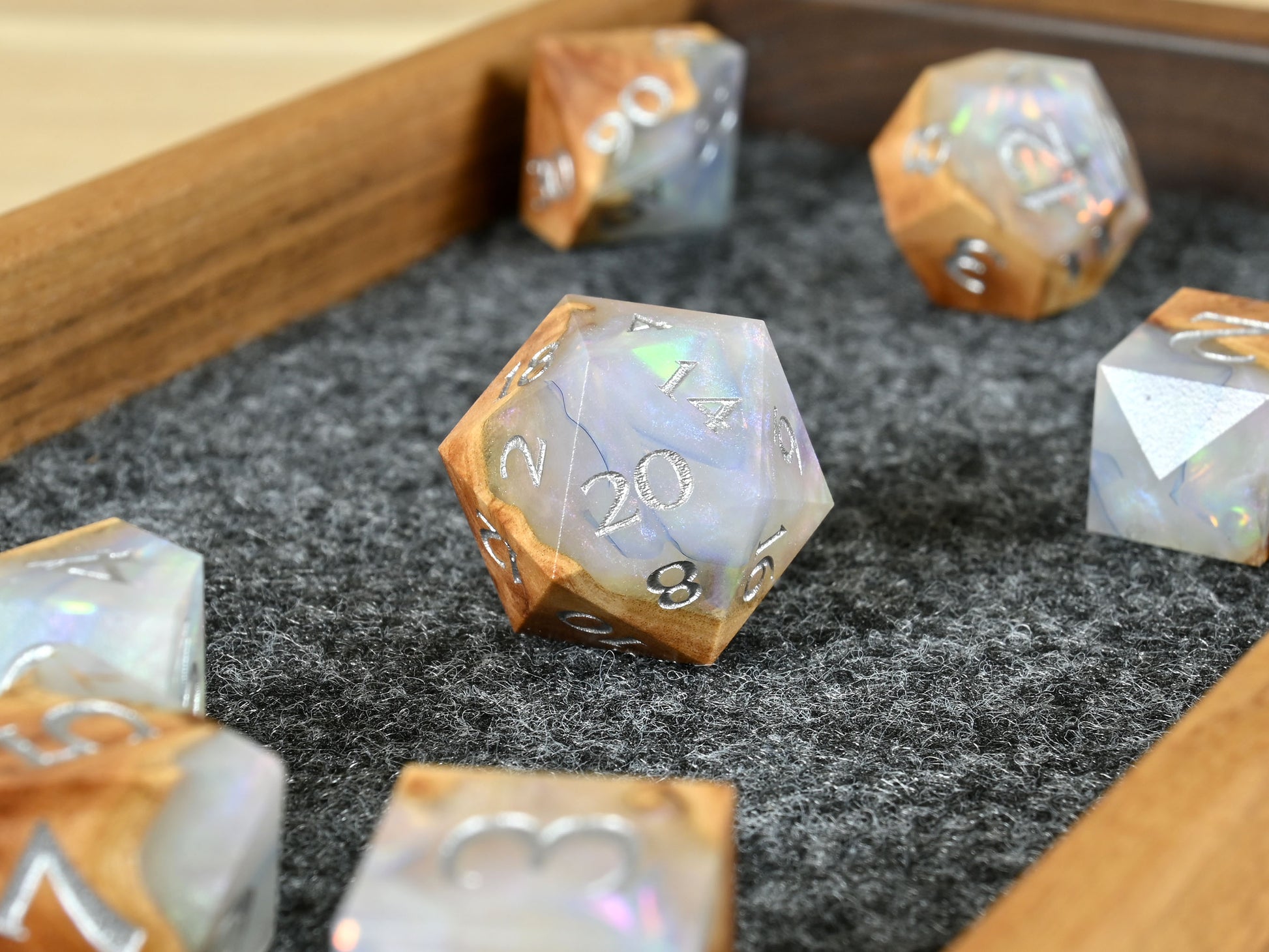 Crystal of the weave wood and resin dice set for dnd ttrpg