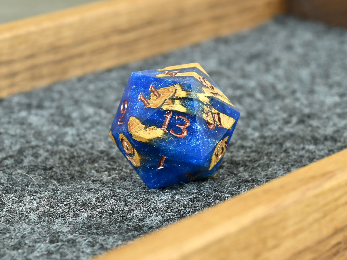 Sapphire sky cholla wood d20 dice for D&D ttrpg