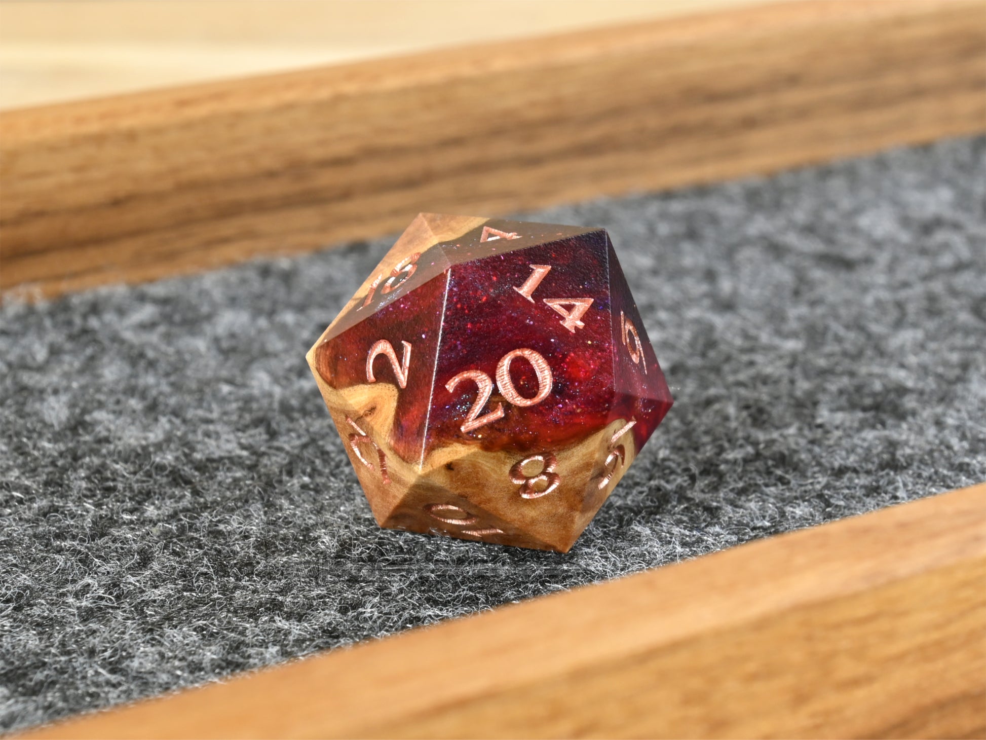 The Last Sky Red Mallee burl wood and resin d20 dice for dnd tabletop rpg