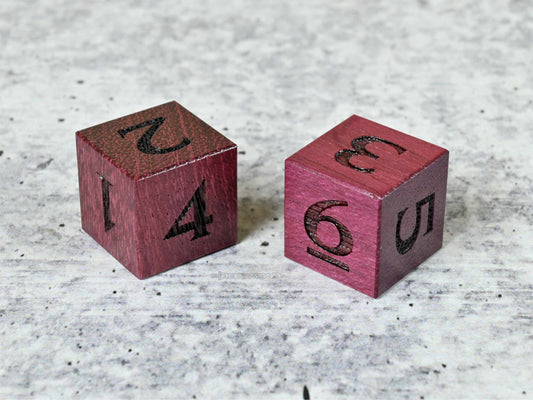 Purpleheart wood 2d6 dice set for dnd ttrpg
