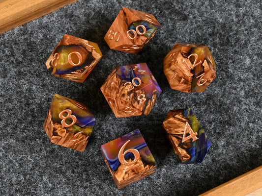 Dying Star Vasticola Burl wood and resin dice set for ttrpg dnd