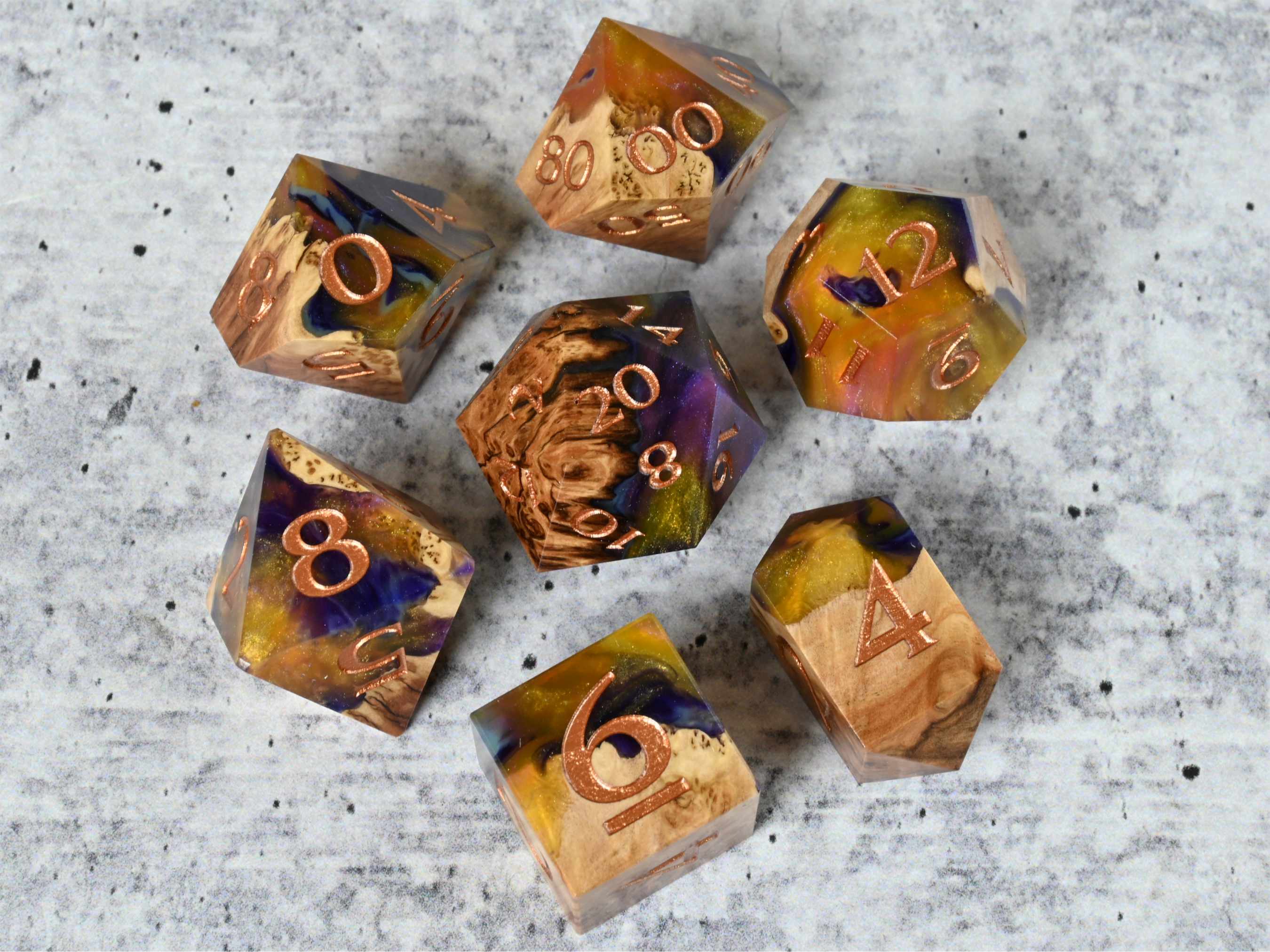 Dying Star Vasticola burl wood dice set for dnd ttrpg