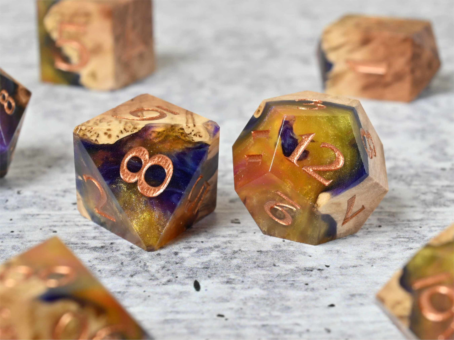 Dying Star Vasticola burl wood dice set for dnd ttrpg