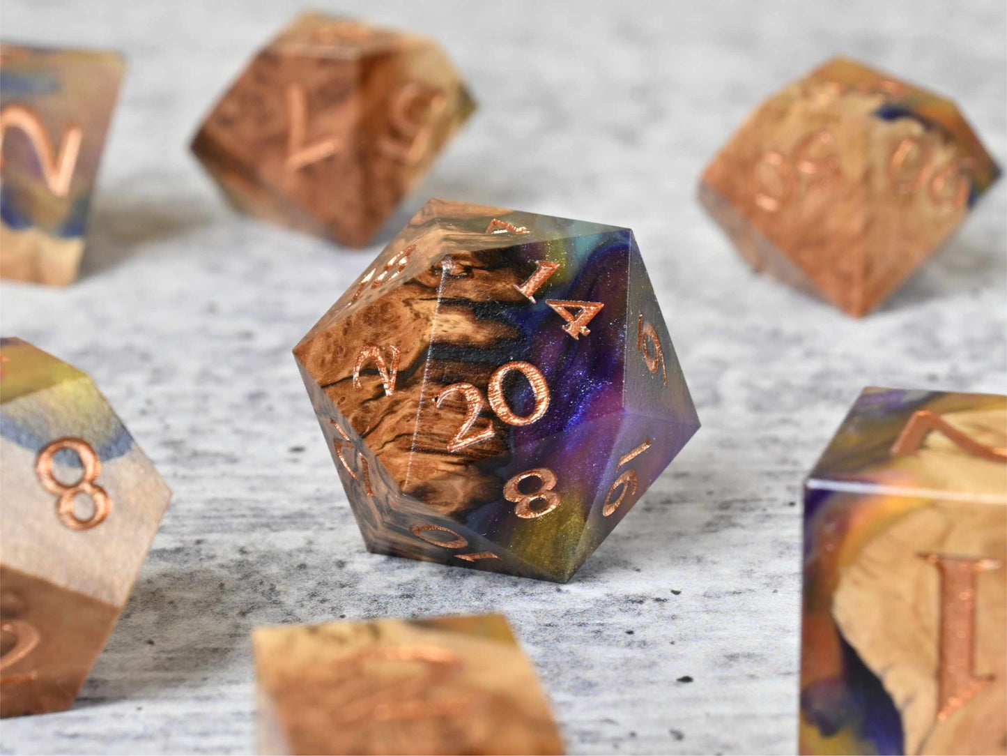 Dying Star Vasticola burl wood dice set for dnd ttrpg