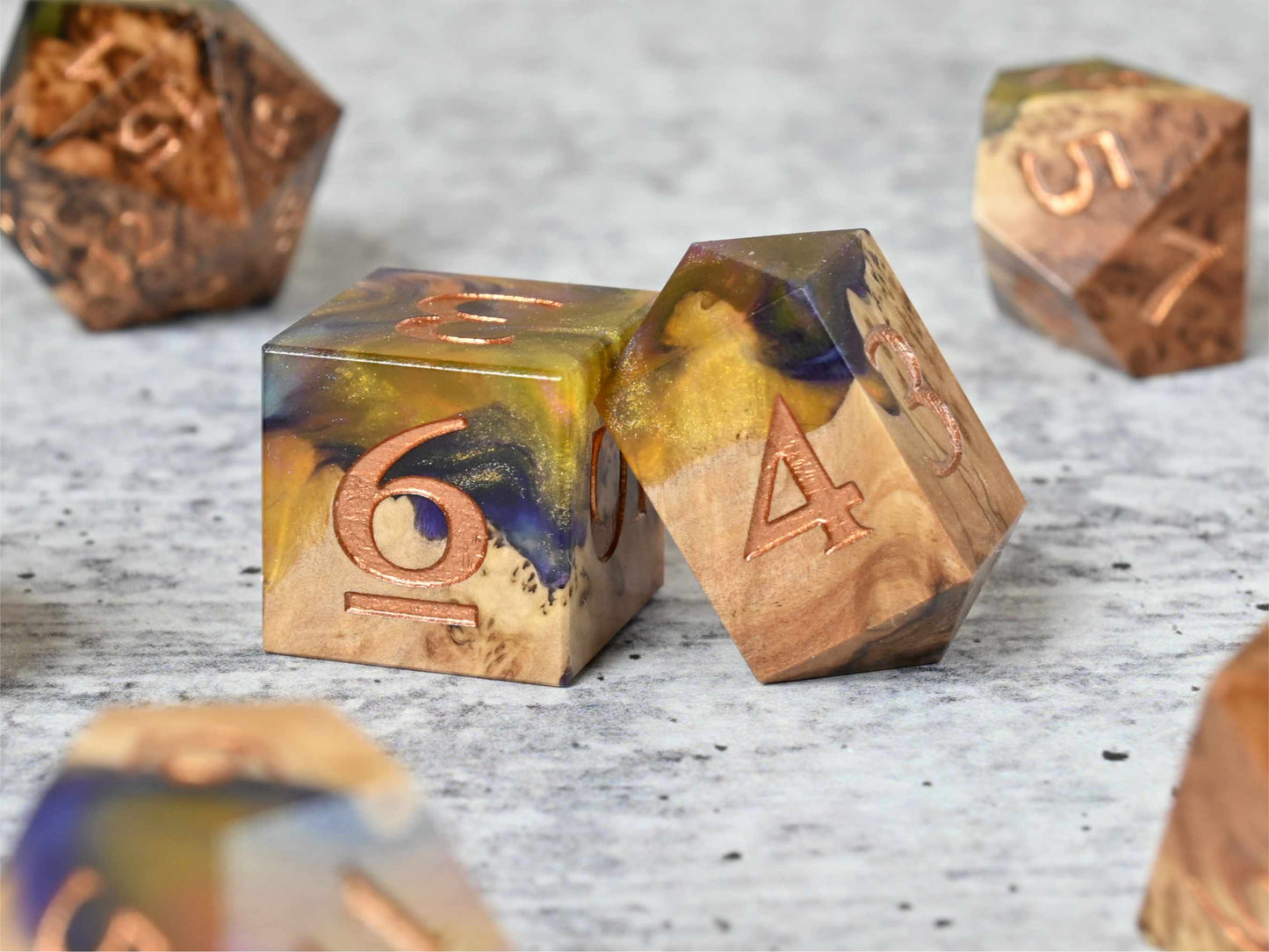 Dying Star Vasticola burl wood dice set for dnd ttrpg