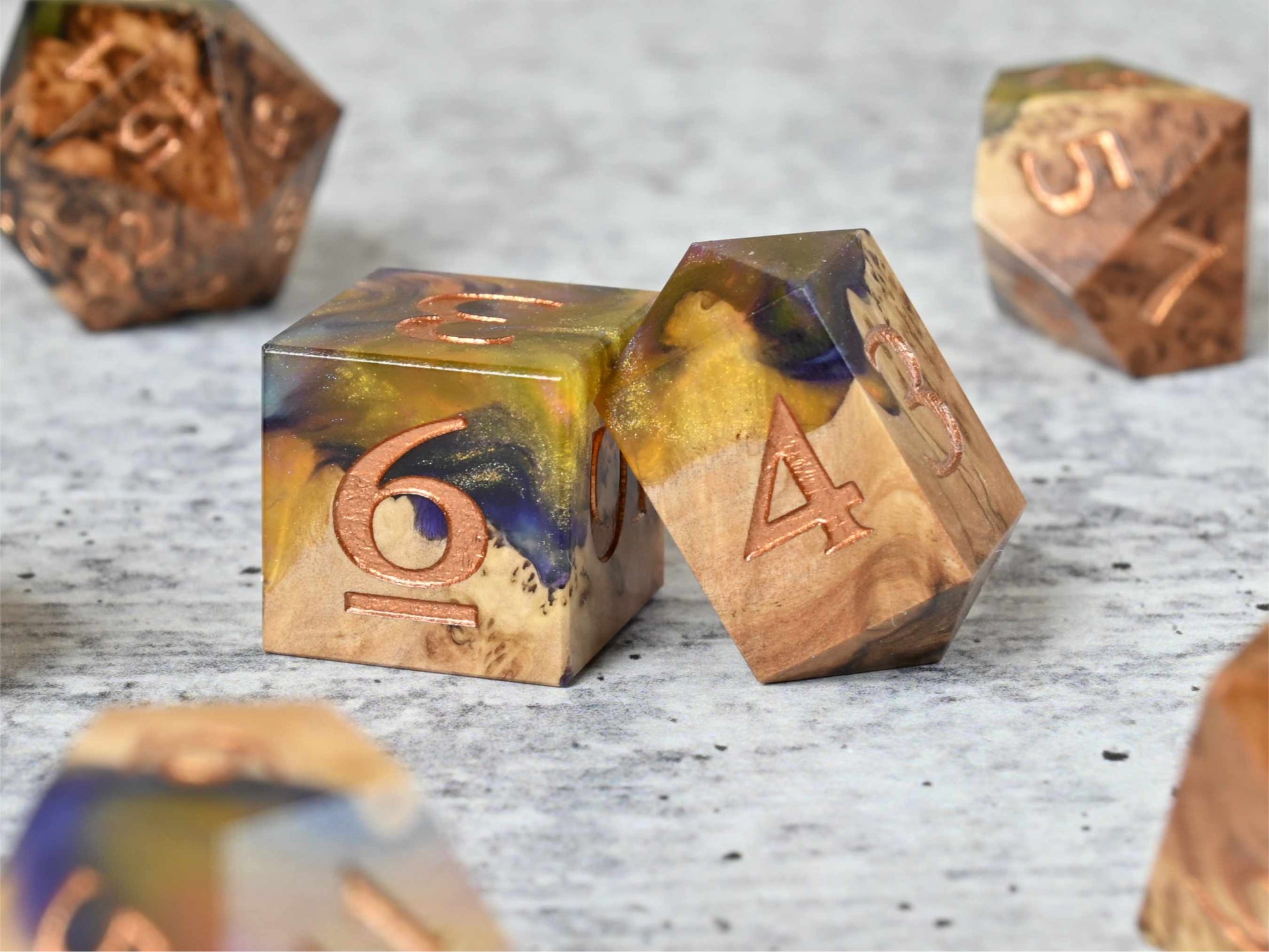 Dying Star Vasticola burl wood dice set for dnd ttrpg
