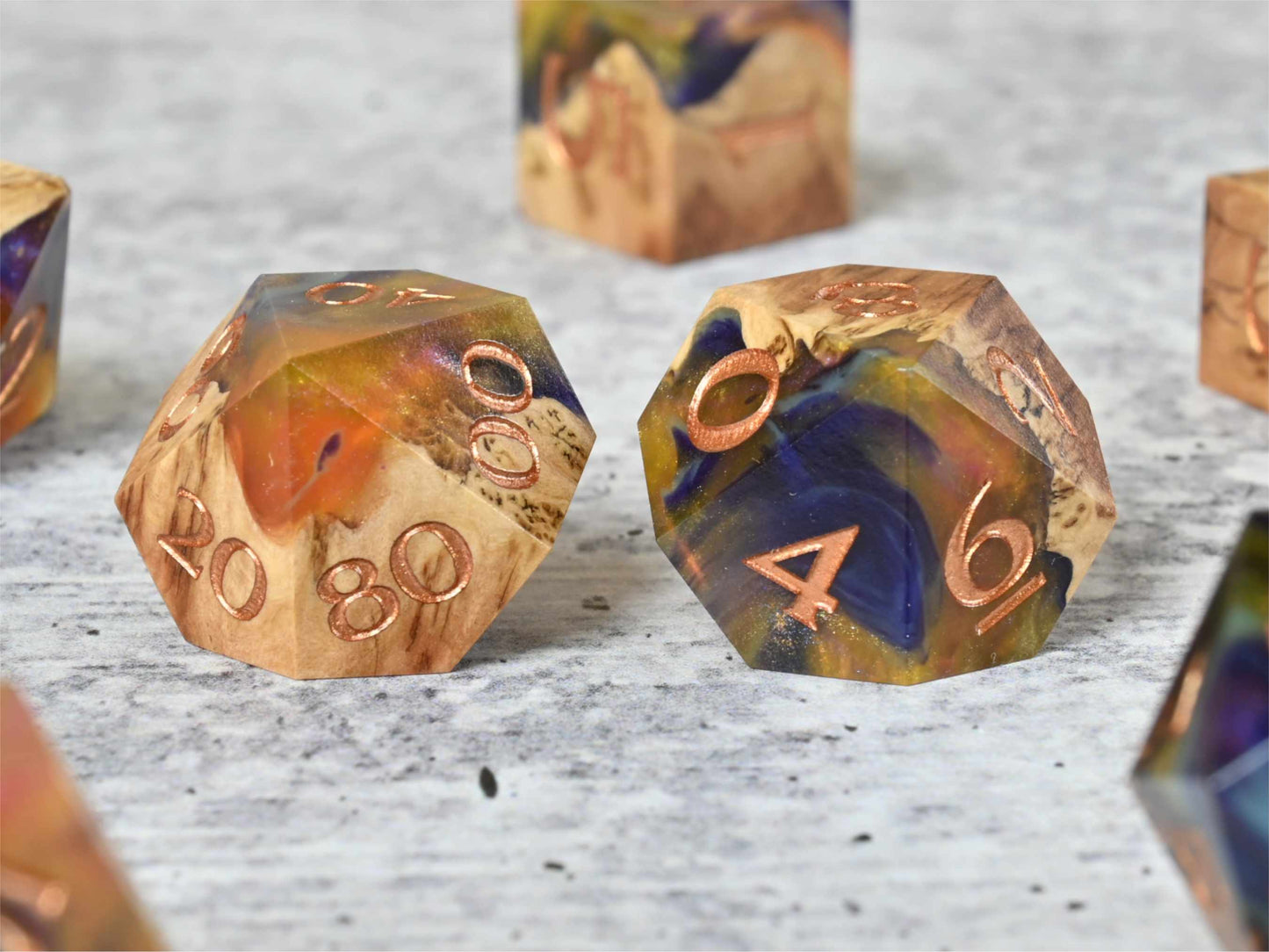 Dying Star Vasticola burl wood dice set for dnd ttrpg