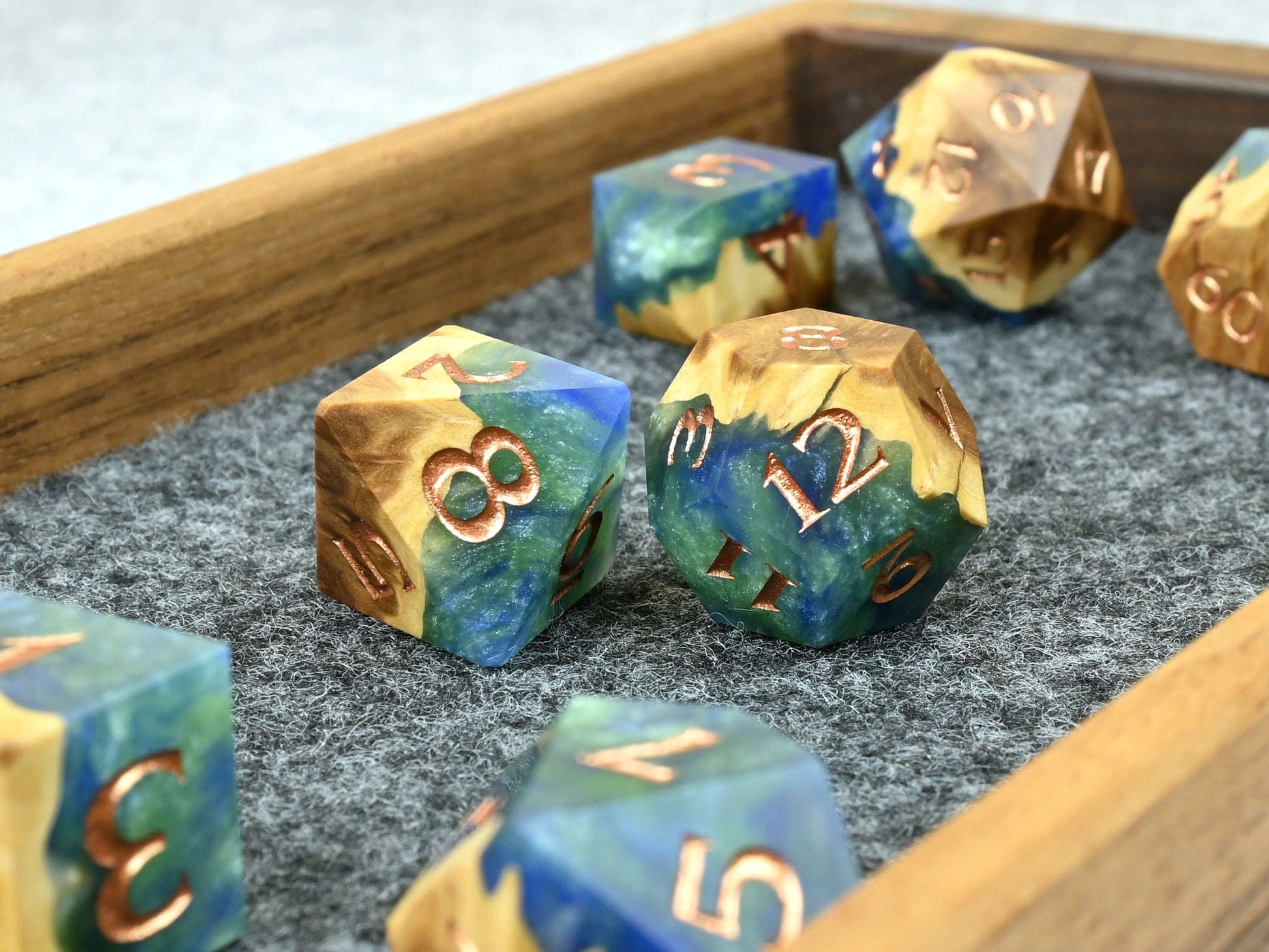 Earth magic brown mallee burl wood and resin hybrid dice set for D&D ttrpg.
