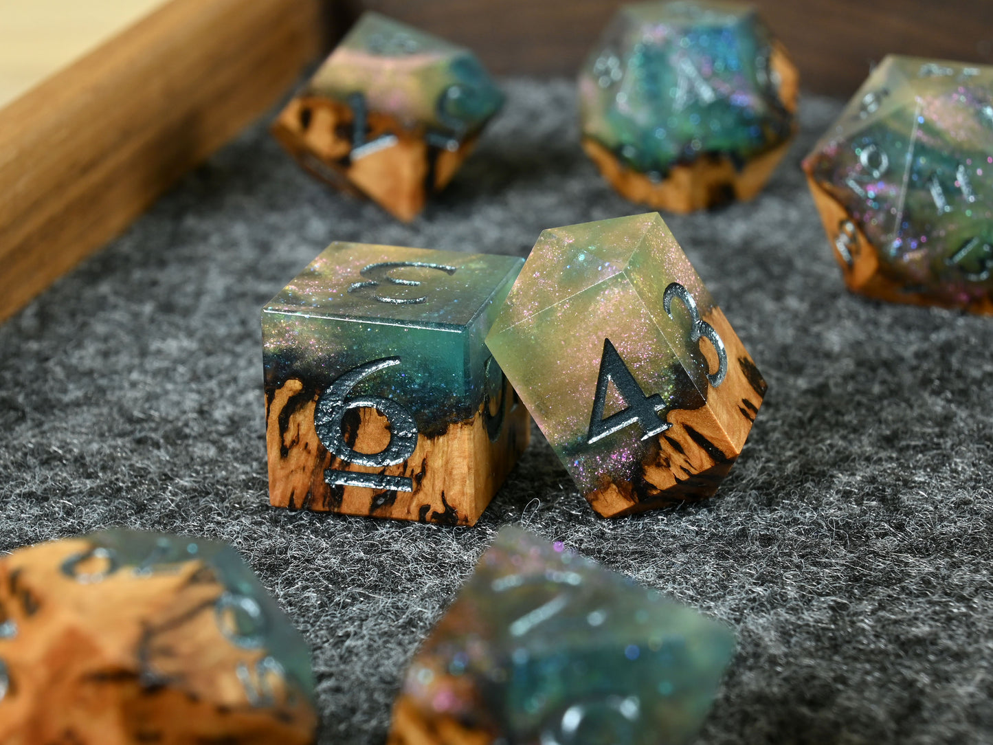 Fairy Flora Gimlet Burl wood and resin dice set for ttrpg dnd