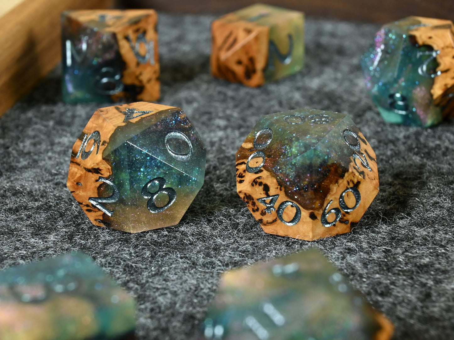 Fairy Flora Gimlet Burl wood and resin dice set for ttrpg dnd