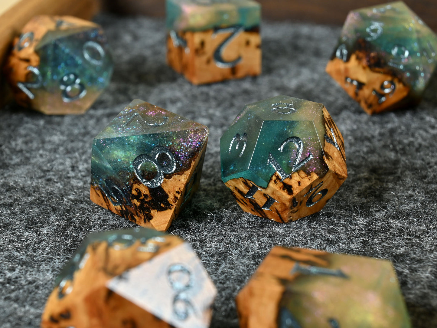 Fairy Flora Gimlet Burl wood and resin dice set for ttrpg dnd