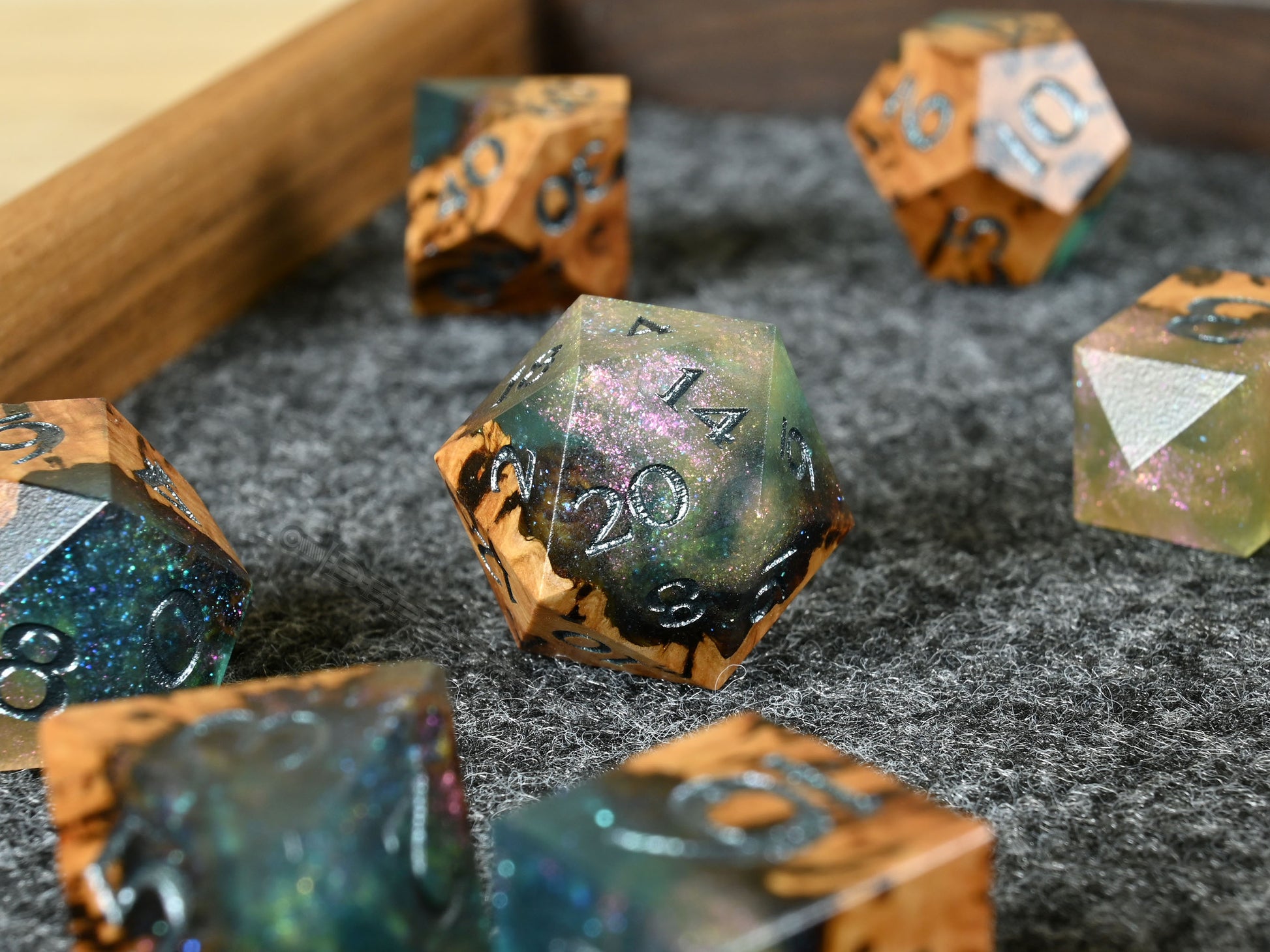 Fairy Flora Gimlet Burl wood and resin dice set for ttrpg dnd