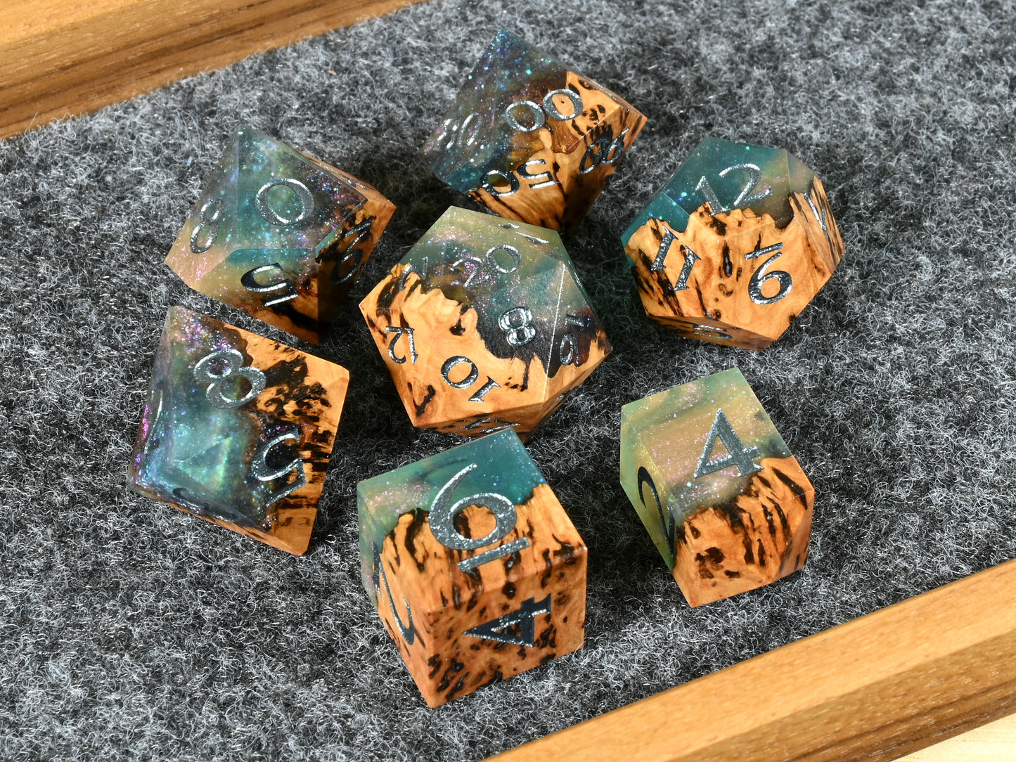 Fairy Flora Gimlet Burl wood and resin dice set for ttrpg dnd