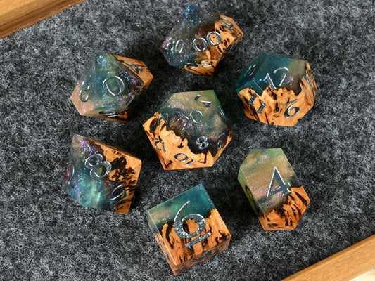 Fairy Flora Gimlet Burl wood and resin dice set for ttrpg dnd