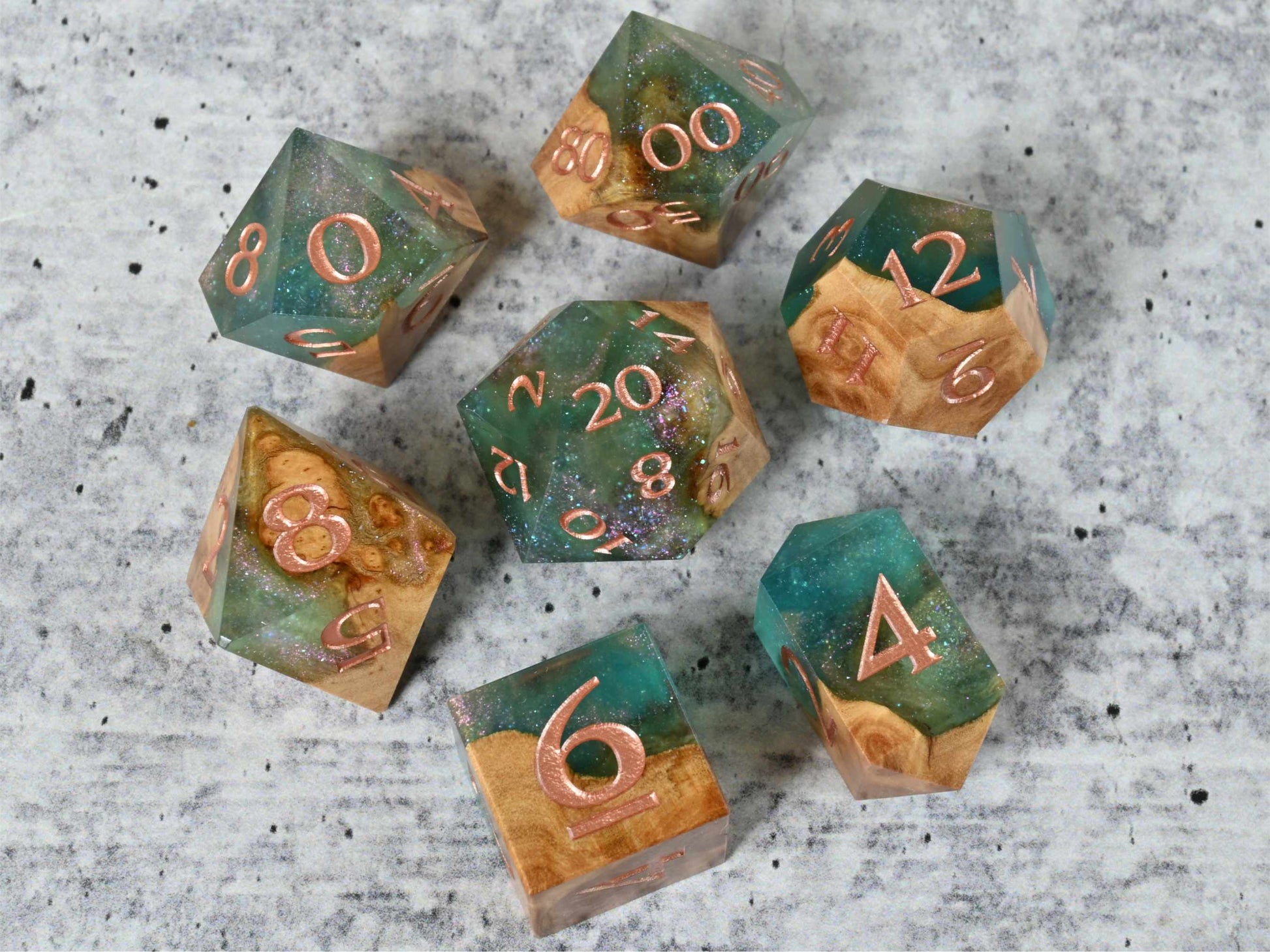 Fairy Flora Red Mallee burl wood dice set for dnd ttrpg