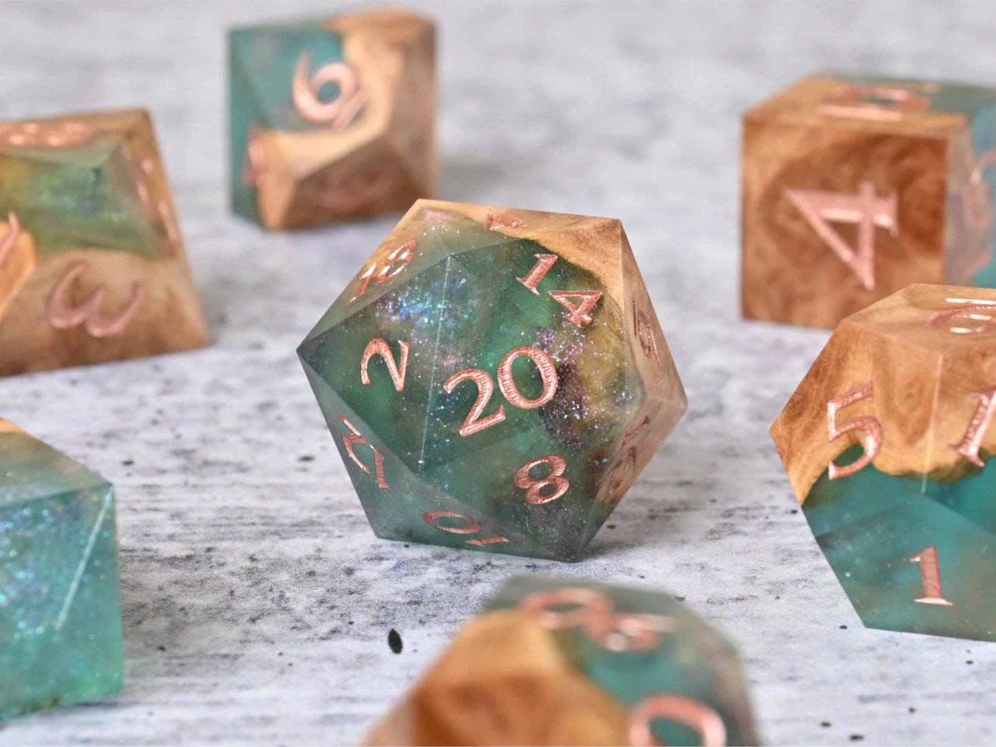 Fairy Flora Red Mallee burl wood dice set for dnd ttrpg