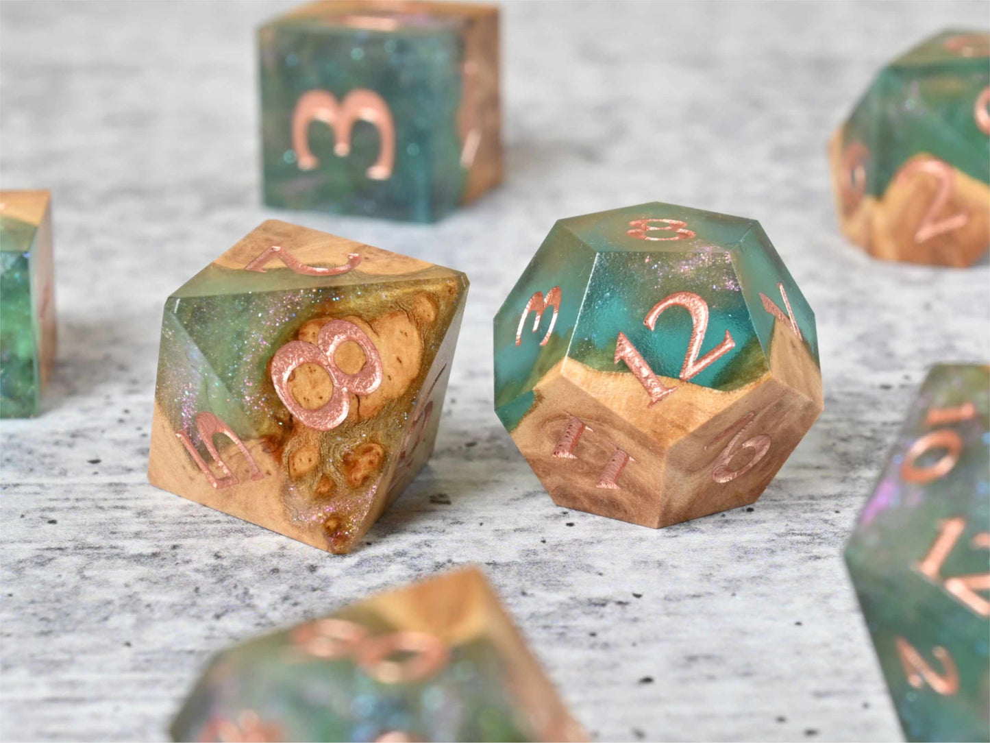 Fairy Flora Red Mallee burl wood dice set for dnd ttrpg