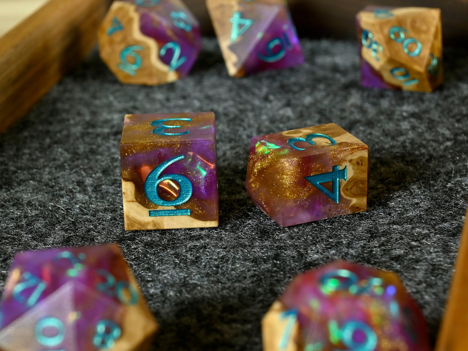Glorious brown mallee burl wood and resin dice set for dnd ttrpg