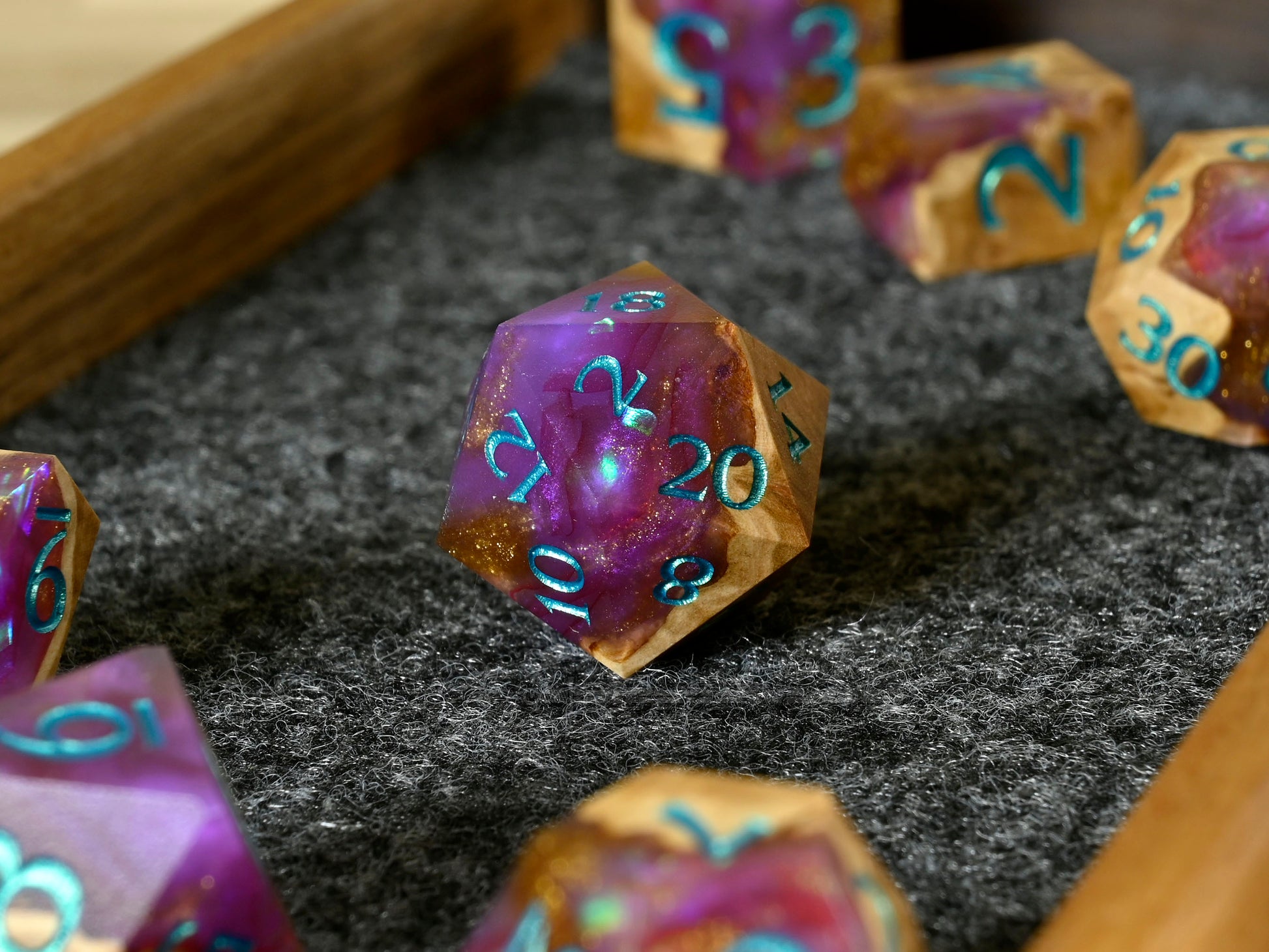 Glorious brown mallee burl wood and resin dice set for dnd ttrpg