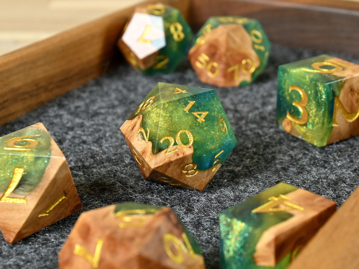 Dryads Bond red mallee burl wood and resin hybrid dice set for dnd tabletop roleplaying game