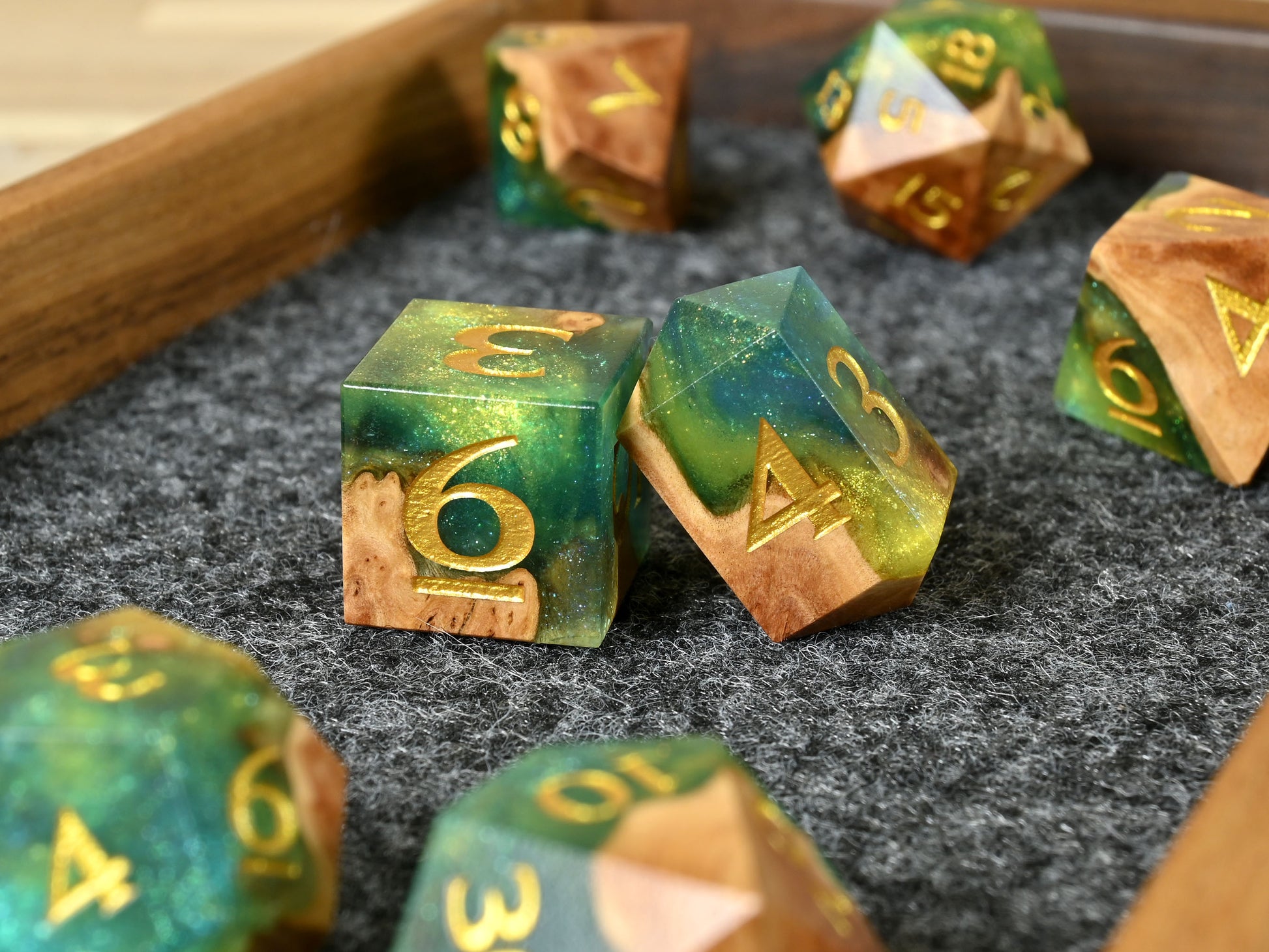 Dryads Bond red mallee burl wood and resin hybrid dice set for dnd tabletop roleplaying game