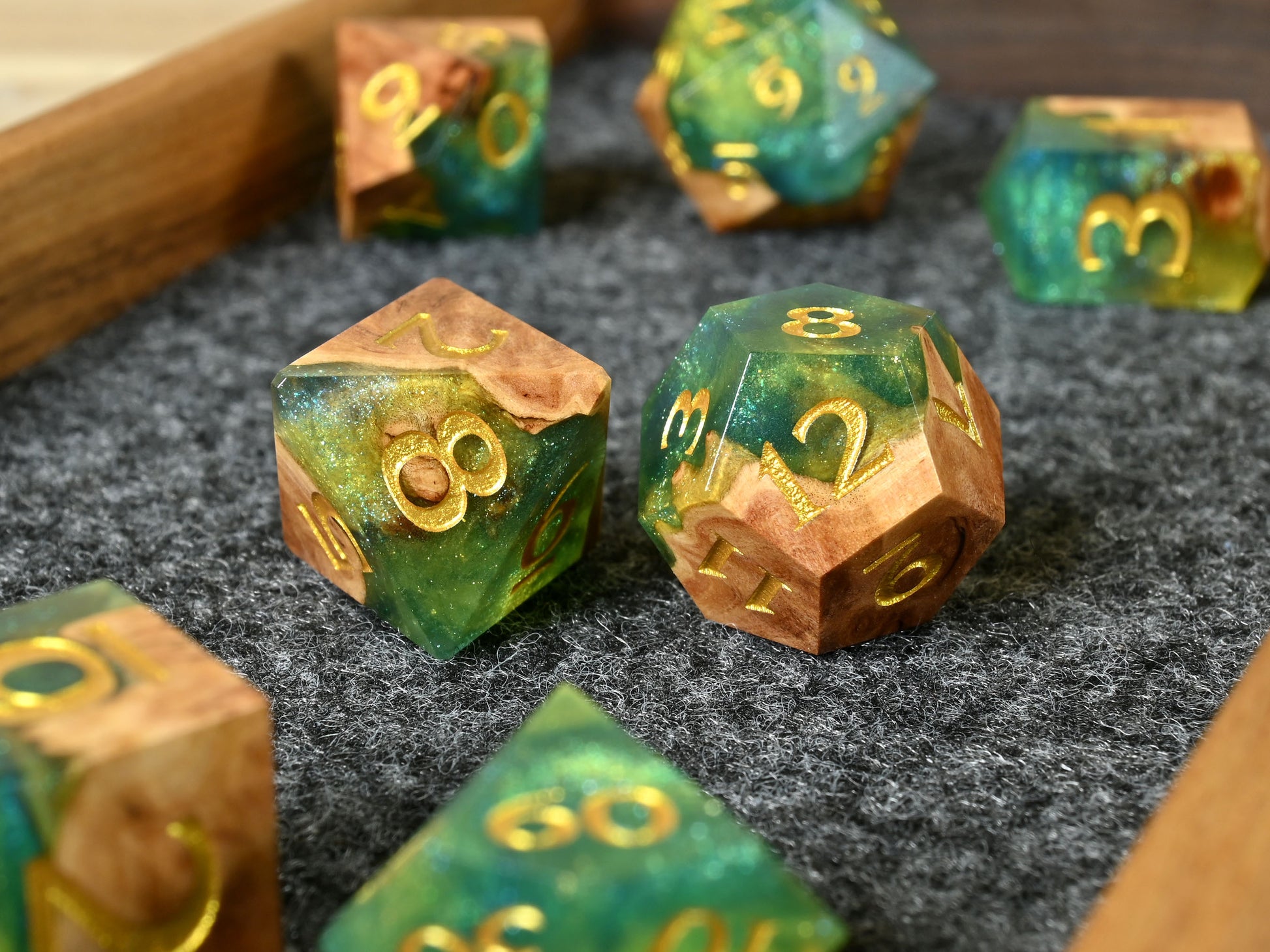 Dryads Bond red mallee burl wood and resin hybrid dice set for dnd tabletop roleplaying game