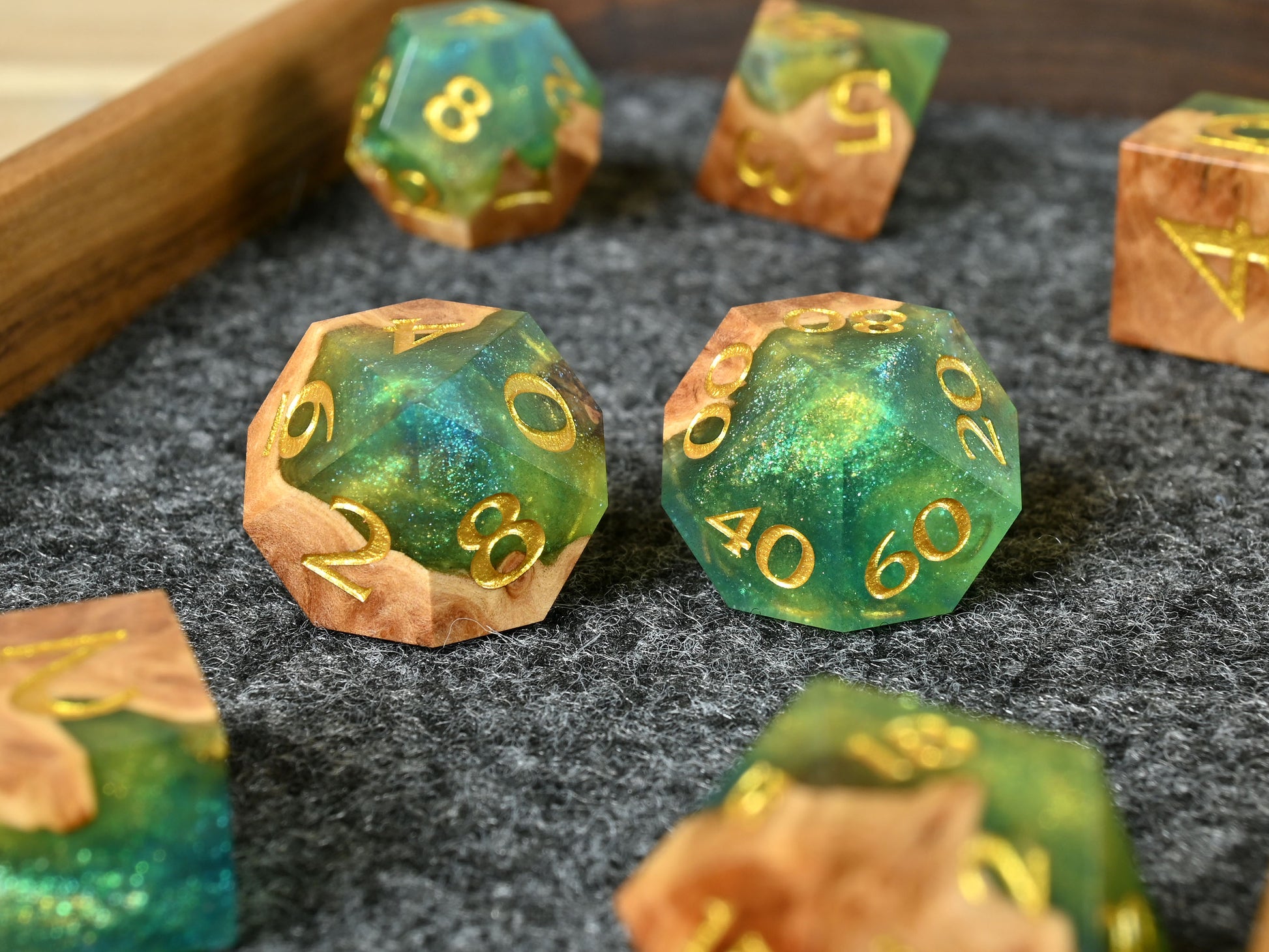 Dryads Bond red mallee burl wood and resin hybrid dice set for dnd tabletop roleplaying game