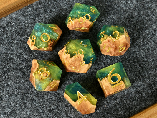 Dryads Bond red mallee burl wood and resin hybrid dice set for dnd tabletop roleplaying game