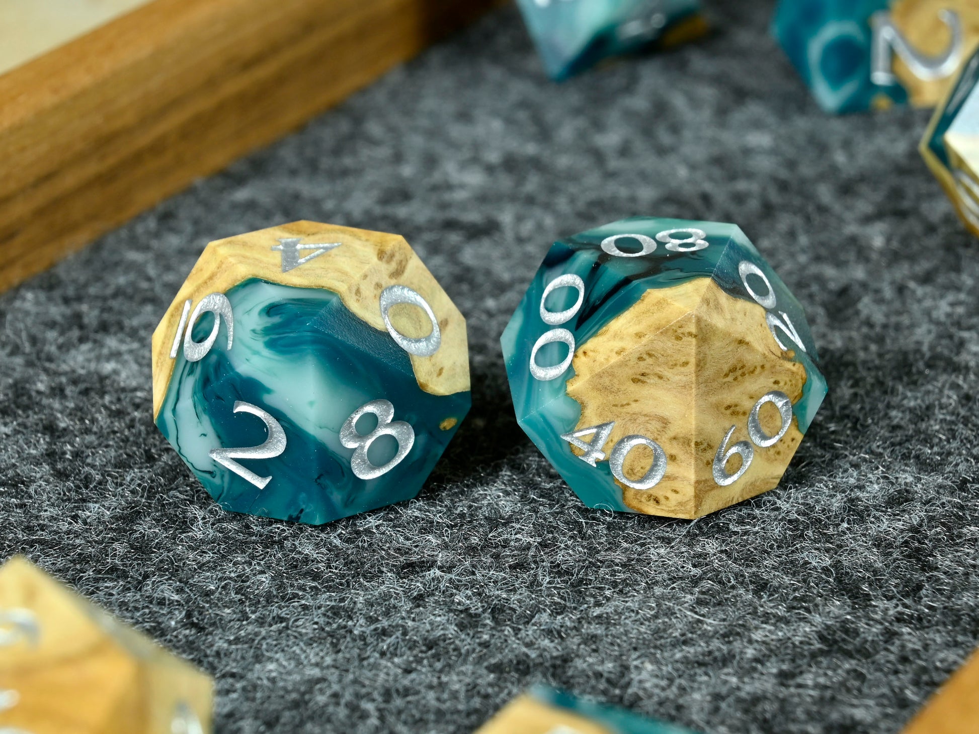 marbled jade brown mallee burl wood and resin dice set for dnd ttrpg