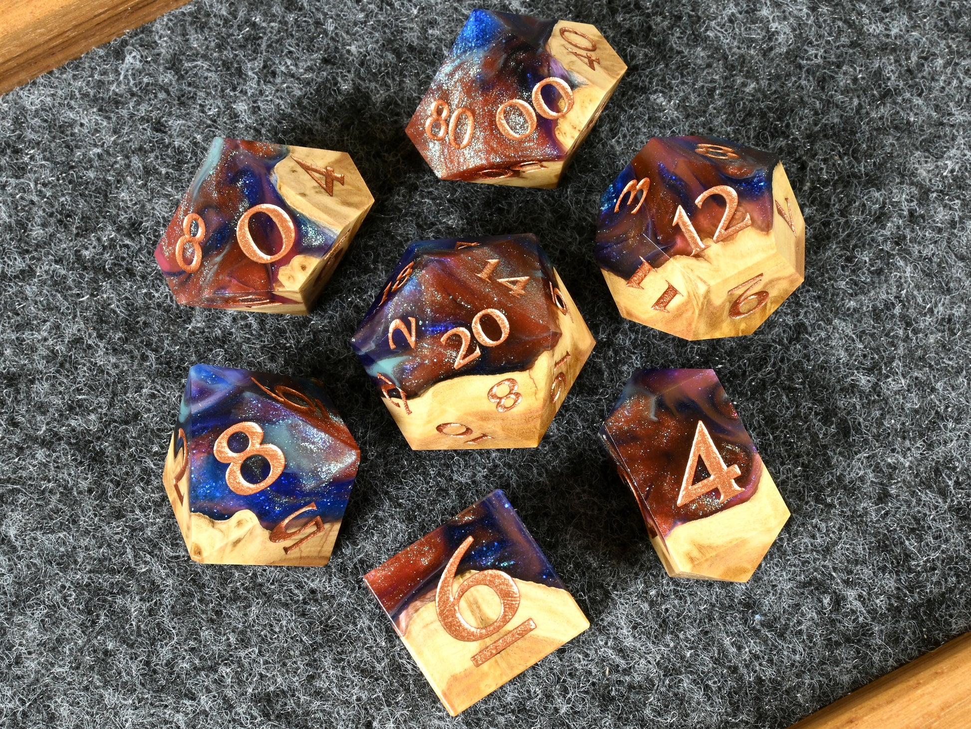 Spellbind brown mallee burl wood and resin hybrid dice set for dnd ttrpg