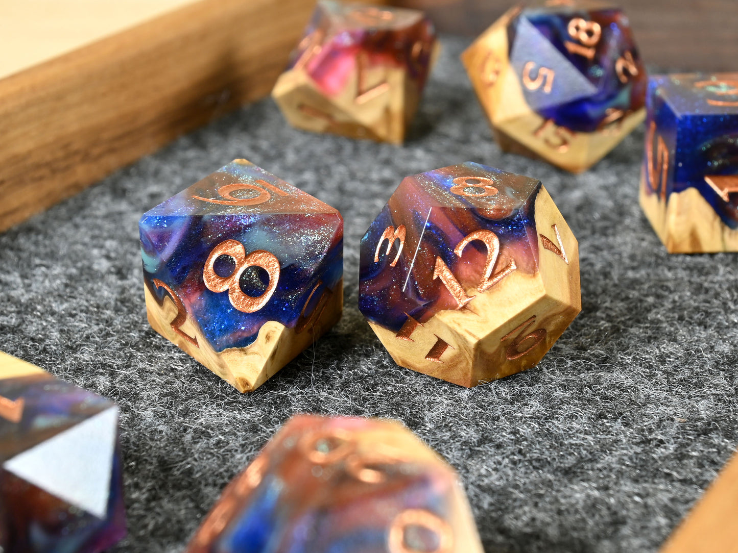 Spellbind brown mallee burl wood and resin hybrid dice set for dnd ttrpg