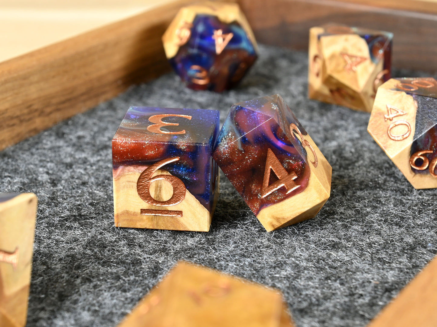 Spellbind brown mallee burl wood and resin hybrid dice set for dnd ttrpg