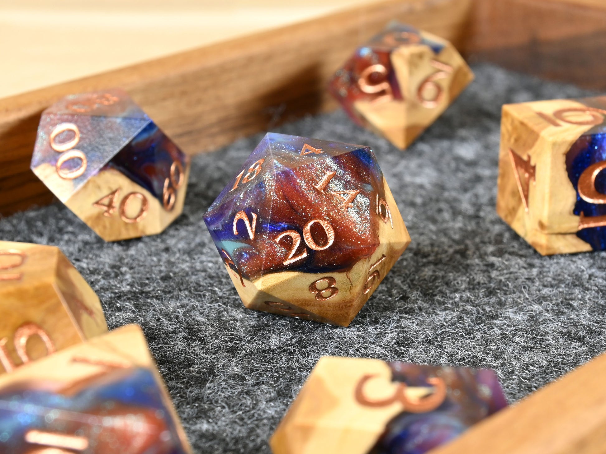 Spellbind brown mallee burl wood and resin hybrid dice set for dnd ttrpg