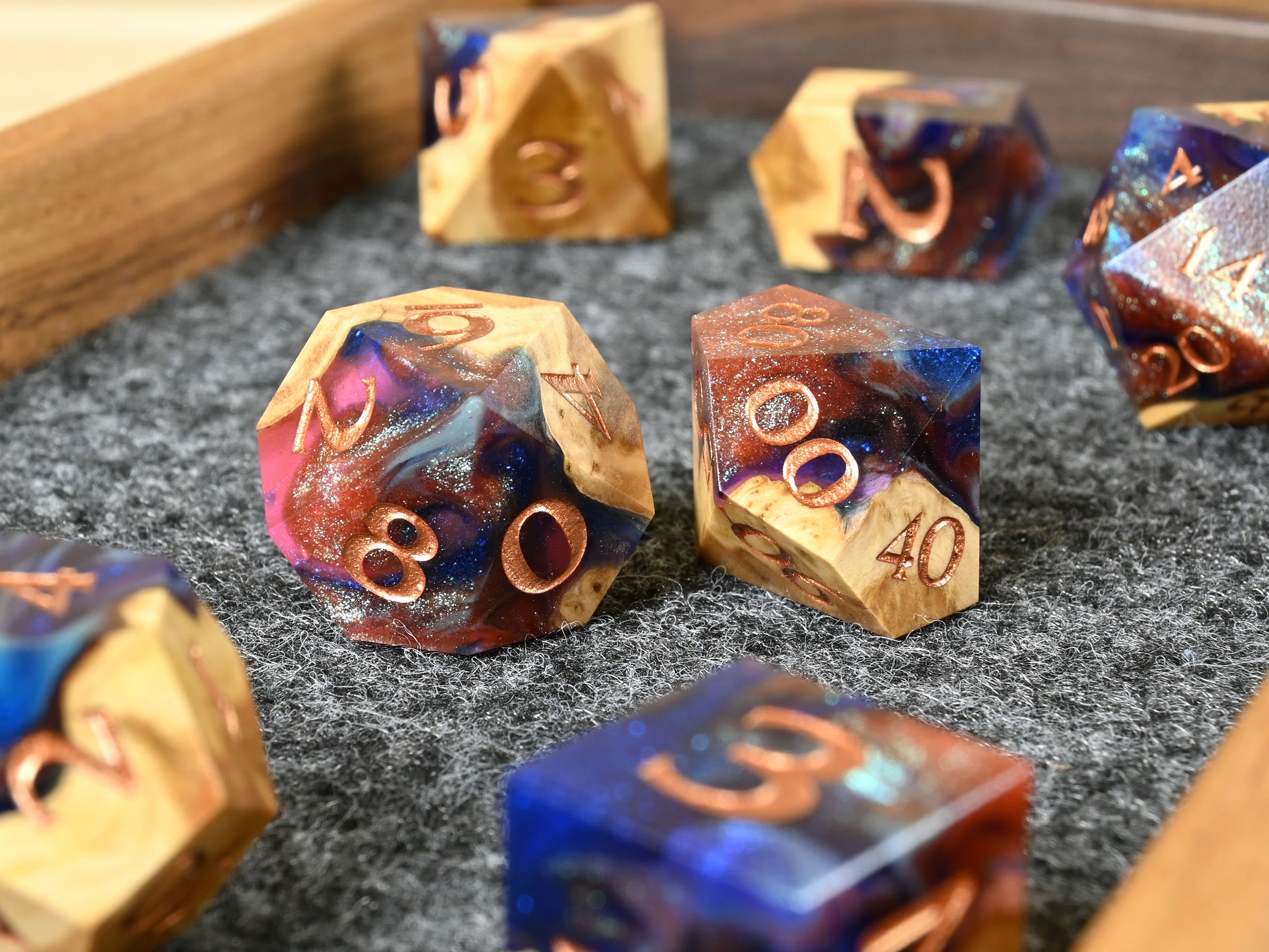 Spellbind brown mallee burl wood and resin hybrid dice set for dnd ttrpg