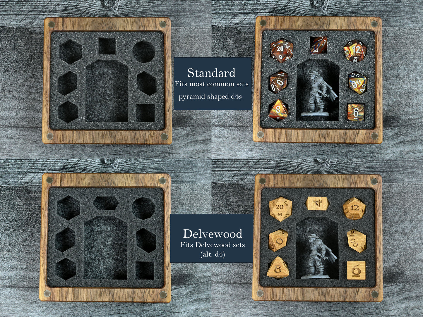 Examples of foam inserts for the little delve dice box. The standard option fits most common sets with a pyramid shaped d4. The Delvewood version fits Delvewood dice sets.
