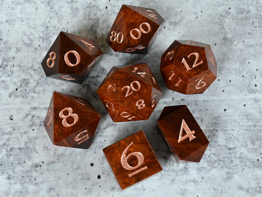 Lace Sheoak wood dice set with rose gold painted numbers for dnd ttrpg