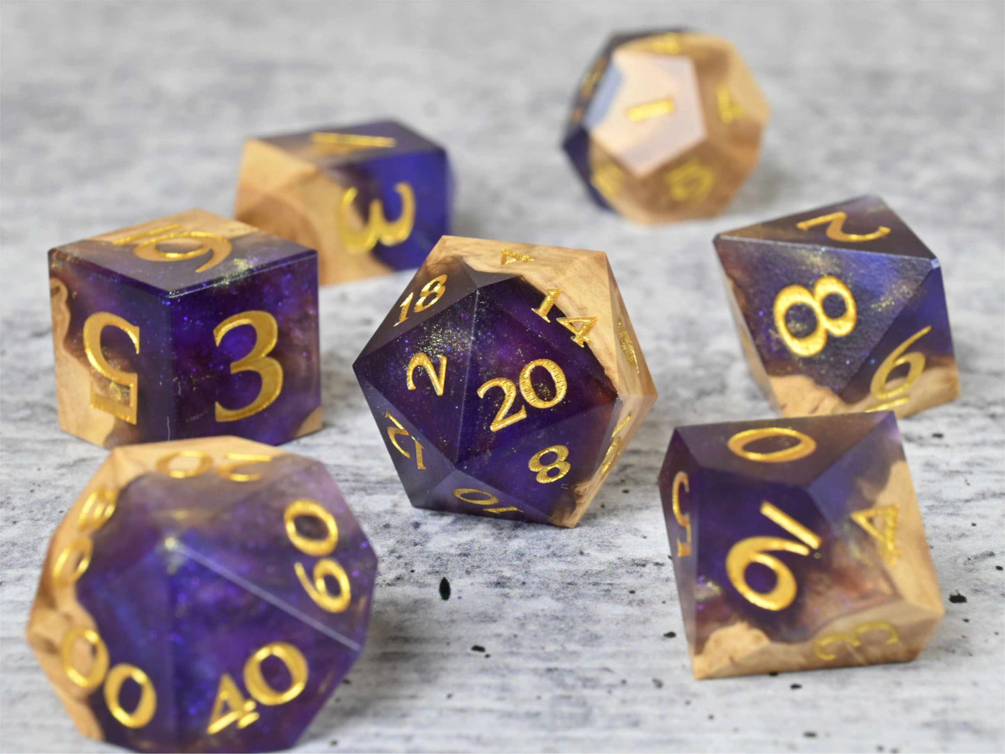 Majesty Brown Mallee burl wood and resin dice set with gold painted numbers for dnd tabletop rpg