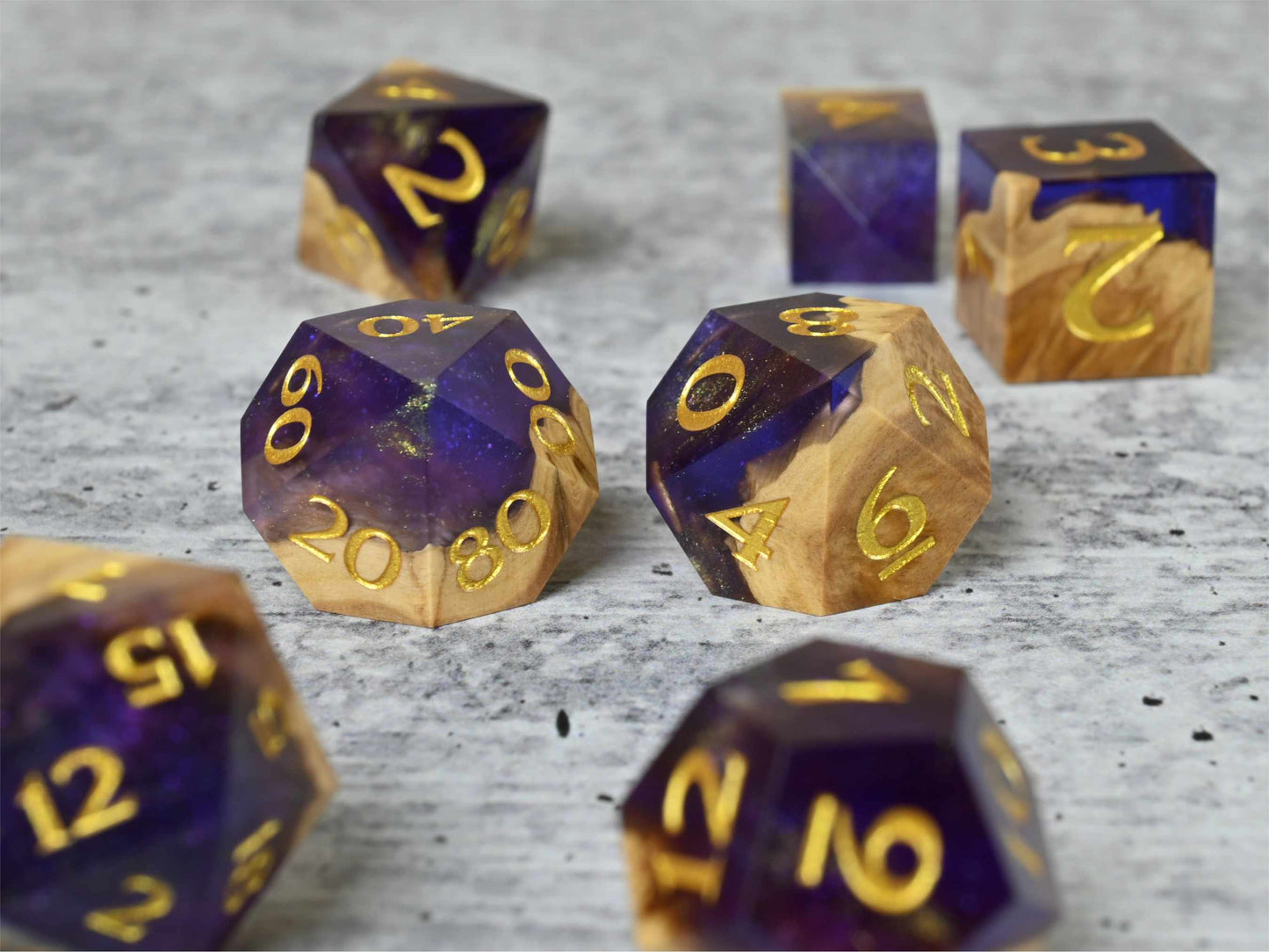 Majesty Brown Mallee burl wood and resin dice set with gold painted numbers for dnd tabletop rpg