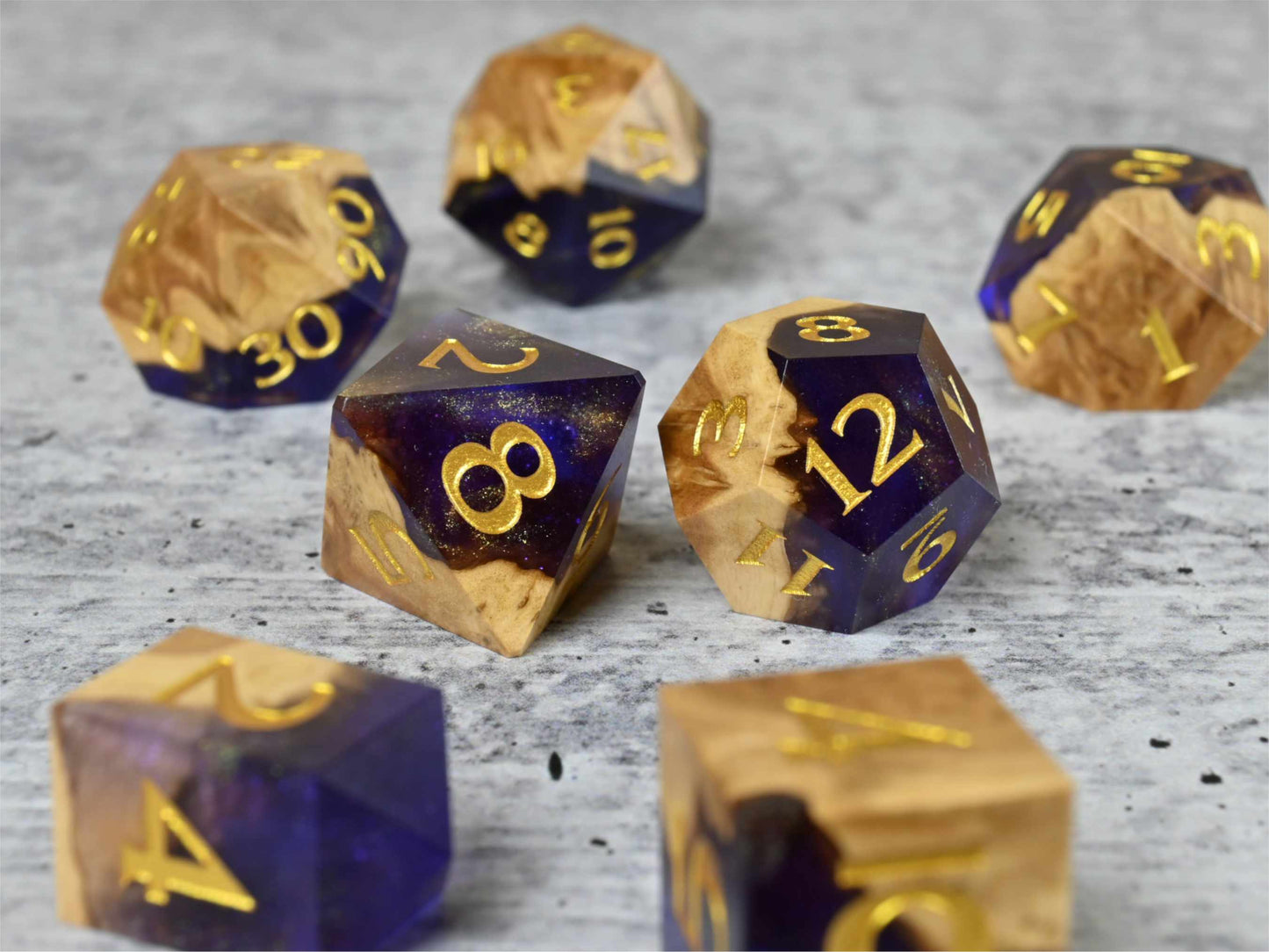 Majesty Brown Mallee burl wood and resin dice set with gold painted numbers for dnd tabletop rpg