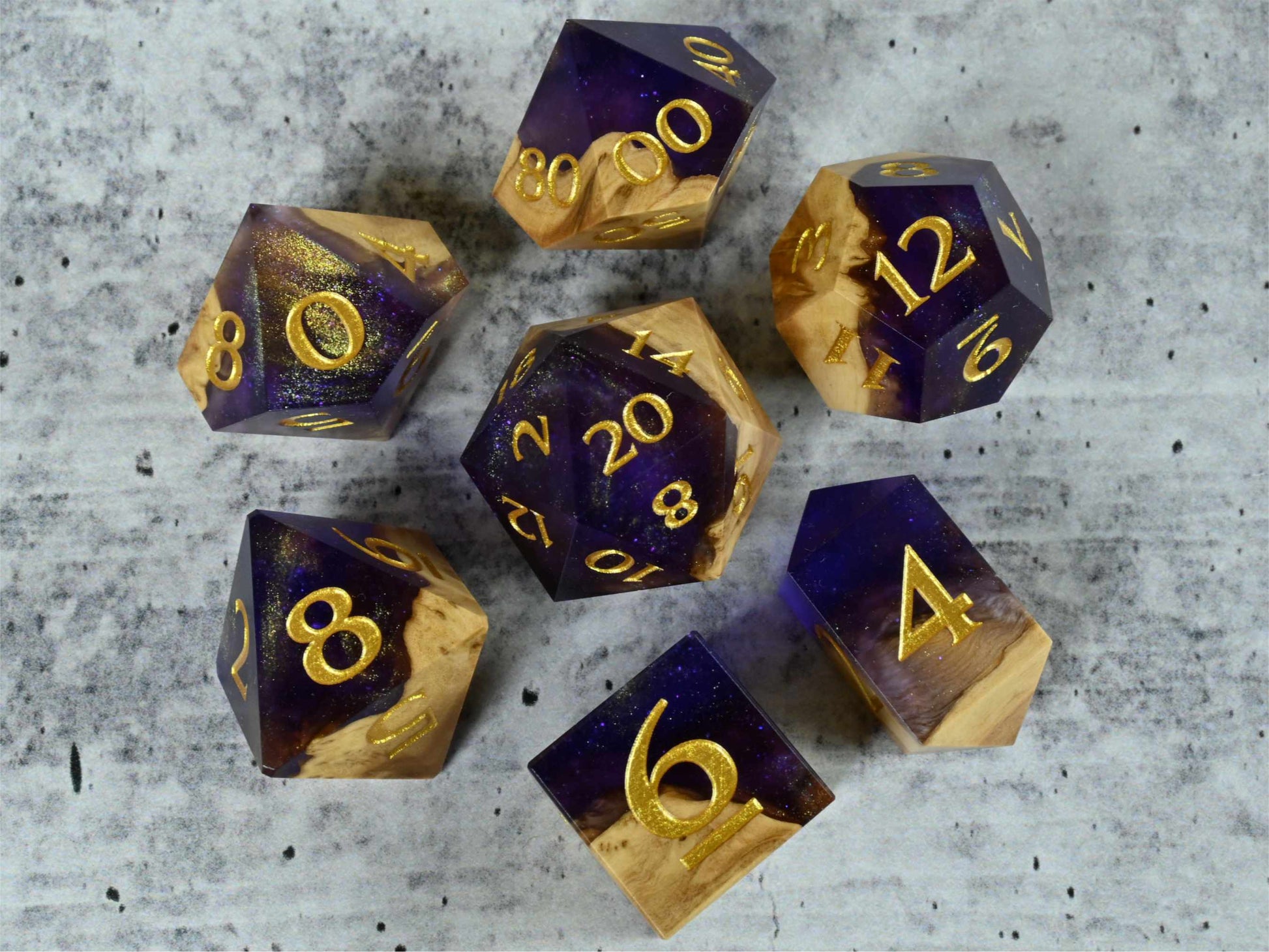 Majesty Brown Mallee burl wood and resin dice set with gold painted numbers for dnd tabletop rpg