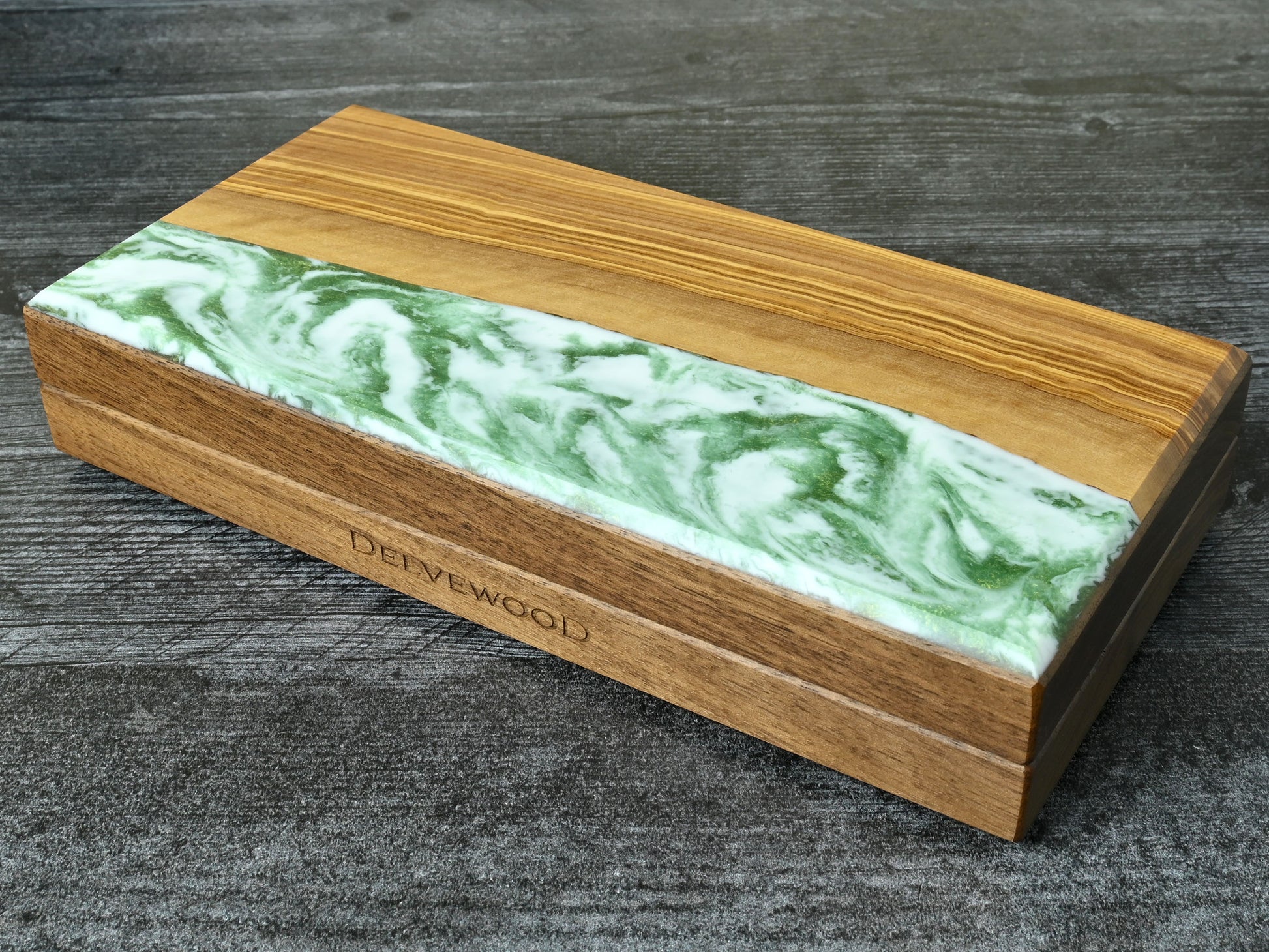Misty forest olivewood and walnut Delver's kit dice box & tray for D&D ttrpg