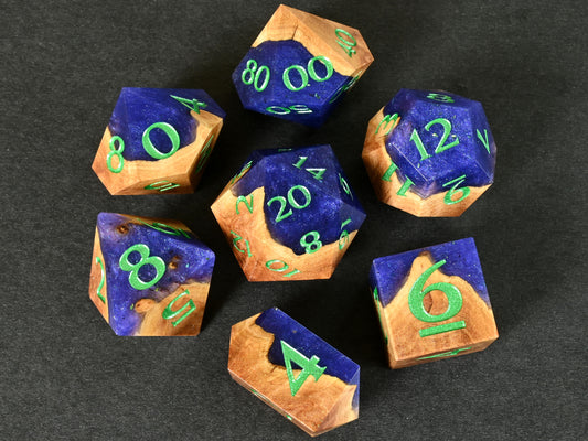 Diviner's Derivation Red Mallee burl wood and resin hybrid dice set for dnd ttrpg
