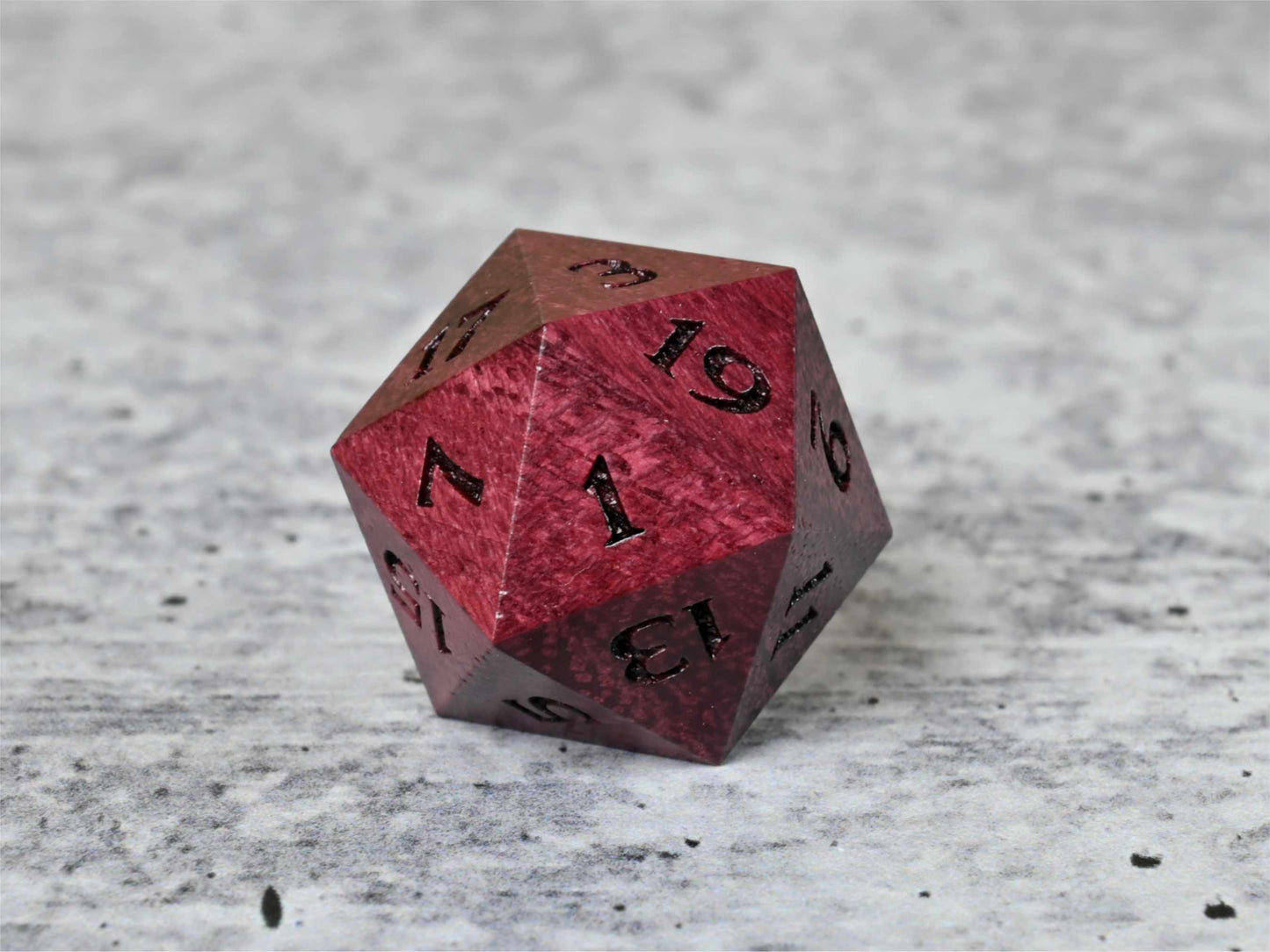 Purpleheart wood d20 dice for dnd ttrpg