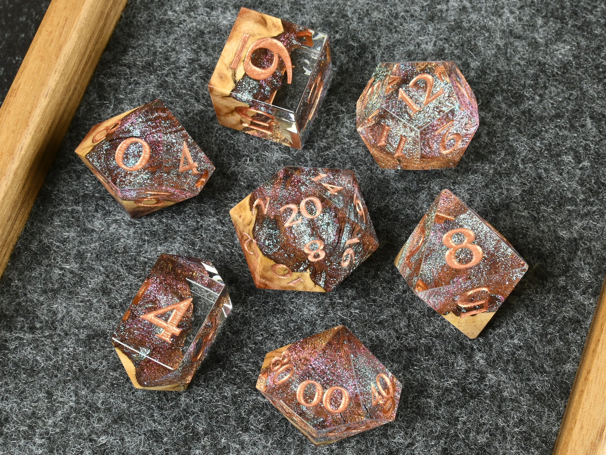 Red mallee burl hybrid wood and resin dice set for dnd rpg dungeons & dragons ttrpg