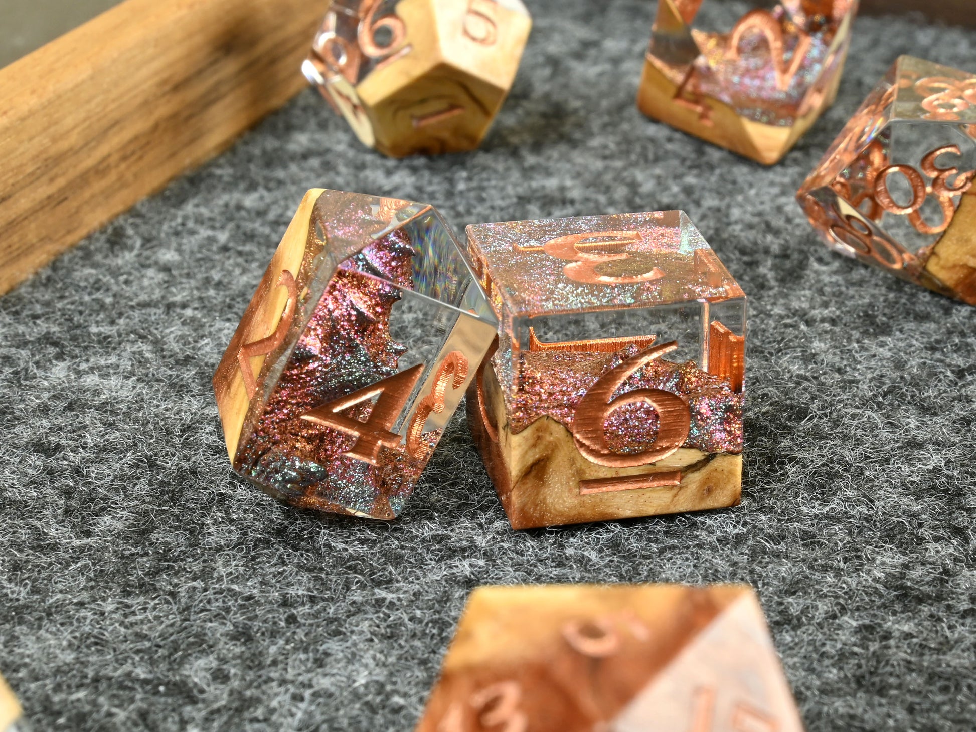 Red mallee burl hybrid wood and resin dice set for dnd rpg dungeons & dragons ttrpg
