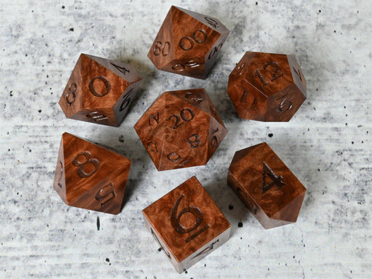Red Mallee burl wood dice set for dnd ttrpg 