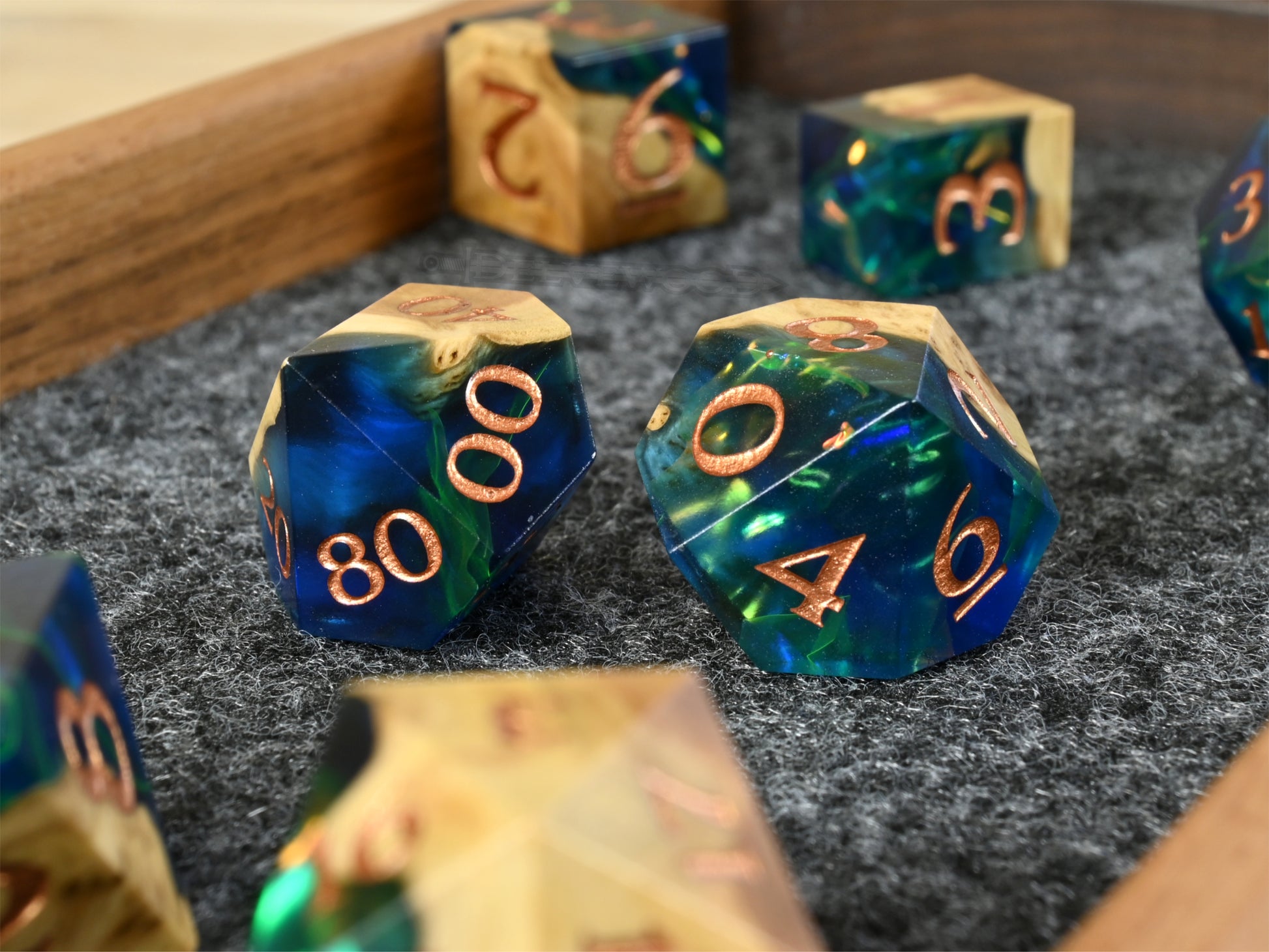 Remnants Brown Mallee Burl wood and resin Hybrid Dice Set for dnd ttrpg