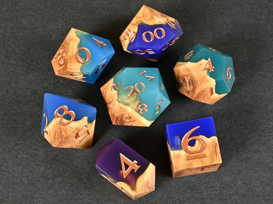 sea glass Red Mallee burl wood and resin hybrid dice set for dnd ttrpg