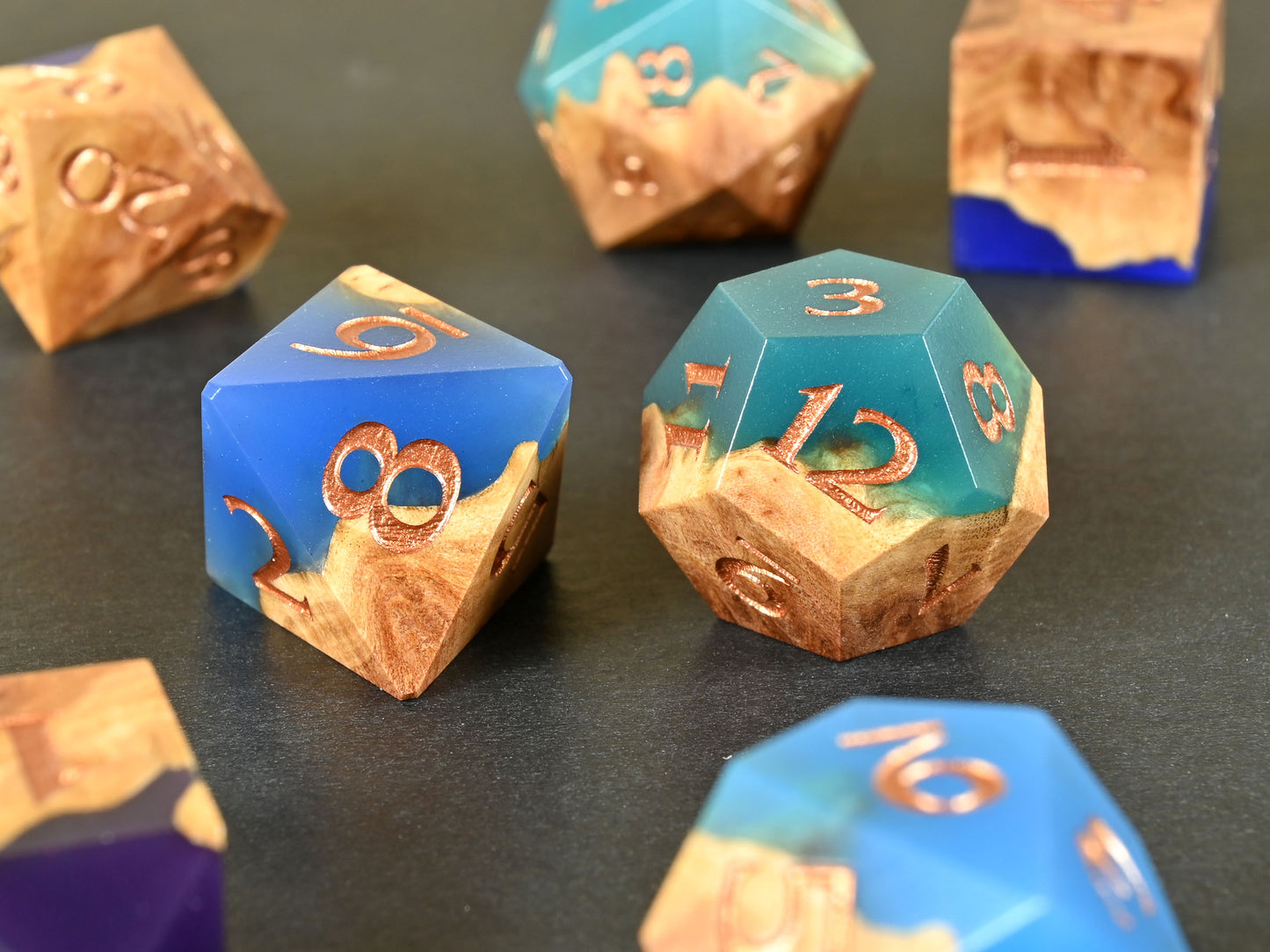 sea glass Red Mallee burl wood and resin hybrid dice set for dnd ttrpg